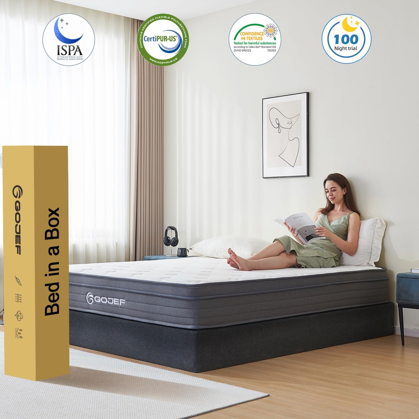 Gojef Queen Mattress, 12 Inch Queen Size Hybrid Mattress in a Box with Independent Spring, Soft and Comfortable, Pressure Relief, Medium Firmness, CertiPUR-US Certified