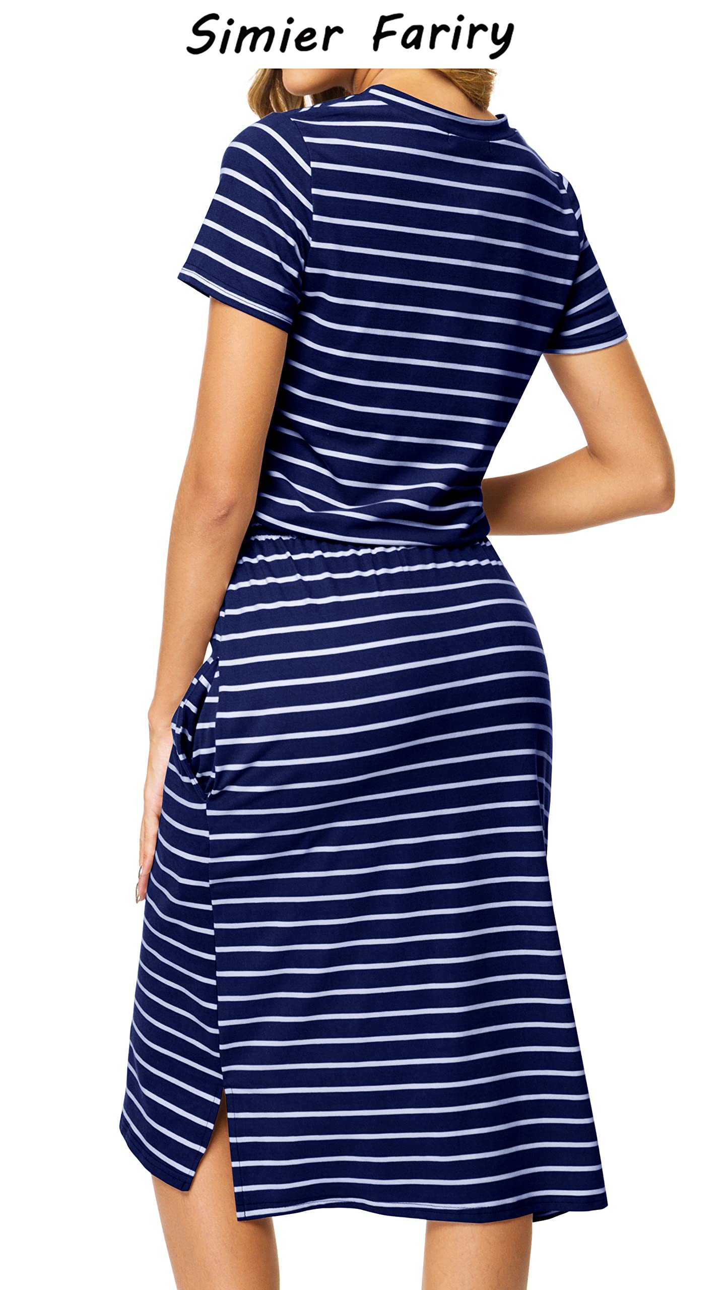 Women Summer Short Sleeve Pocket Travel Casual Midi Knee Dress Striped Blue XXL