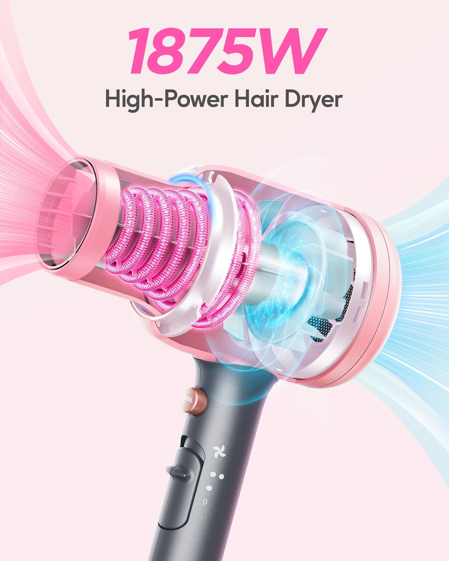 Wavytalk Hair Dryer, Blown Away Ionic Hair Dryer for Curly Hair with Diffuser, 1875W Fast Drying Blow Dryer with Ceramic Technology, 3 Attachments for All Hair Types, Light and Quiet, Rose Gold