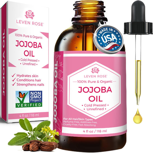 Leven Rose Jojoba Oil Organic, Pure Cold Pressed Natural Unrefined Moisturizer for Skin Hair and Nails 4 oz