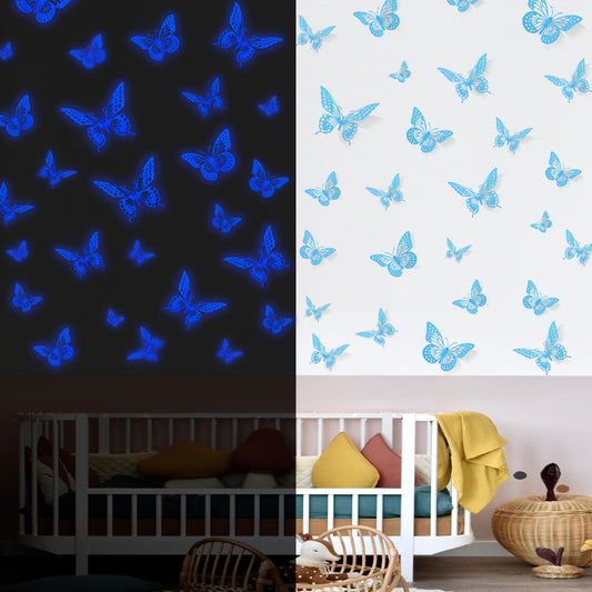 SAOROPEB Glow in The Dark 3D Butterfly 24 Pcs 3 Sizes, Luminous Butterfly Stickers for Ceiling or Wall, Glow in The Dark Party Supplies, Removable Luminous Stickers for Kids Babys Nursery (Blue)