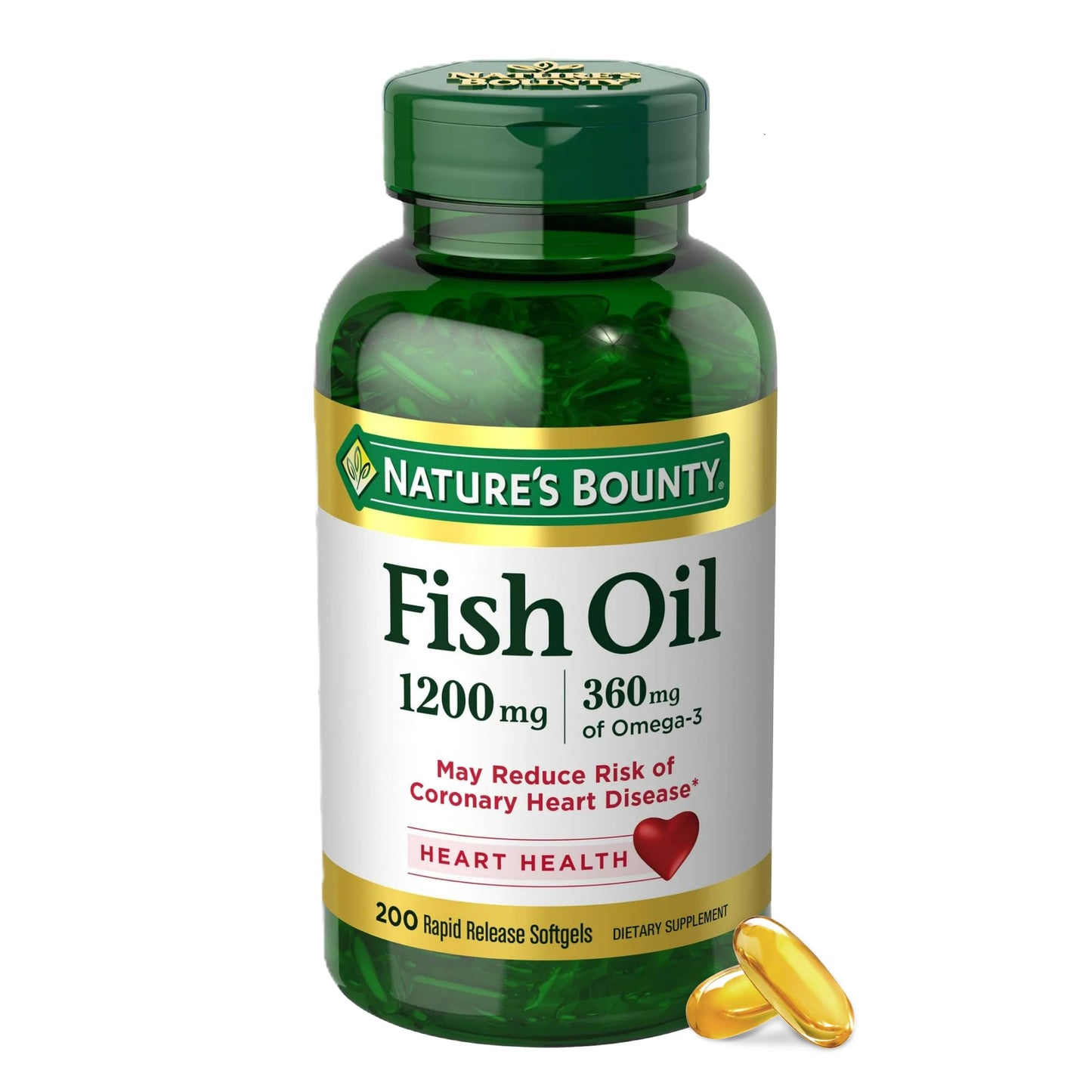 Nature's Bounty Fish Oil, Supports Heart Health, 1200 Mg, 360 Mg Omega-3, Rapid Release Softgels, 200 Ct