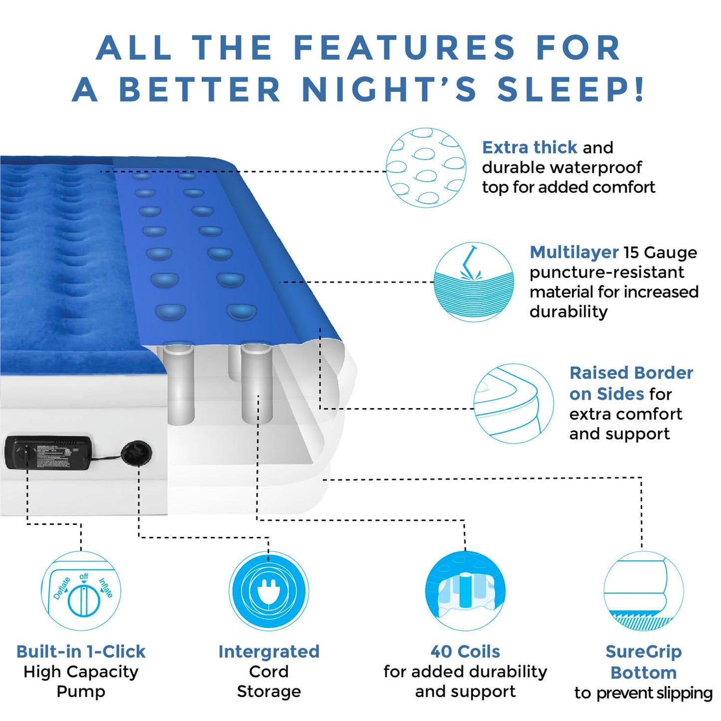 SoundAsleep Dream Series Luxury Air Mattress with ComfortCoil Technology & Built-in High Capacity Pump for Home & Camping- Double Height, Adjustable, Inflatable Blow Up, Portable - Queen Size