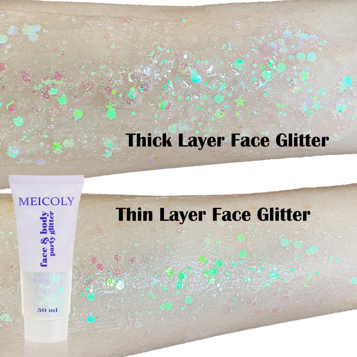 MEICOLY Clear White Body Glitter Gel,Mardi Gras Face Glitter Makeup for Kids Women Girls,Sparkly Chunky Hair Glitter,Singer Concerts Festival Rave Accessories,Mermaid Glitter Face Paint