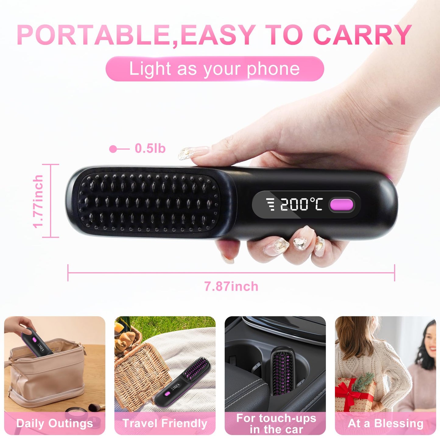 Cordless Hair Straightener Brush, Mini Portable Straightening Brush for Lightweight Carry, Negative Ion Hot Comb Hair Straightener, Rechargeable 9600mAh Battery, Anti-Scald, Gift for Women