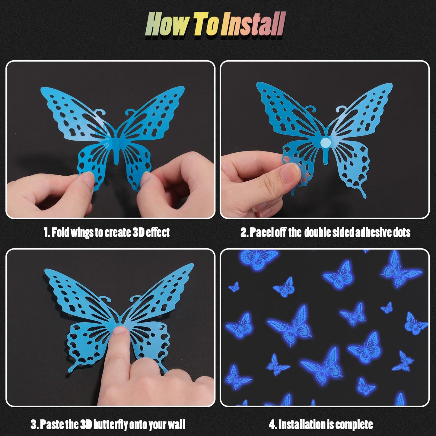 SAOROPEB Glow in The Dark 3D Butterfly 24 Pcs 3 Sizes, Luminous Butterfly Stickers for Ceiling or Wall, Glow in The Dark Party Supplies, Removable Luminous Stickers for Kids Babys Nursery (Blue)