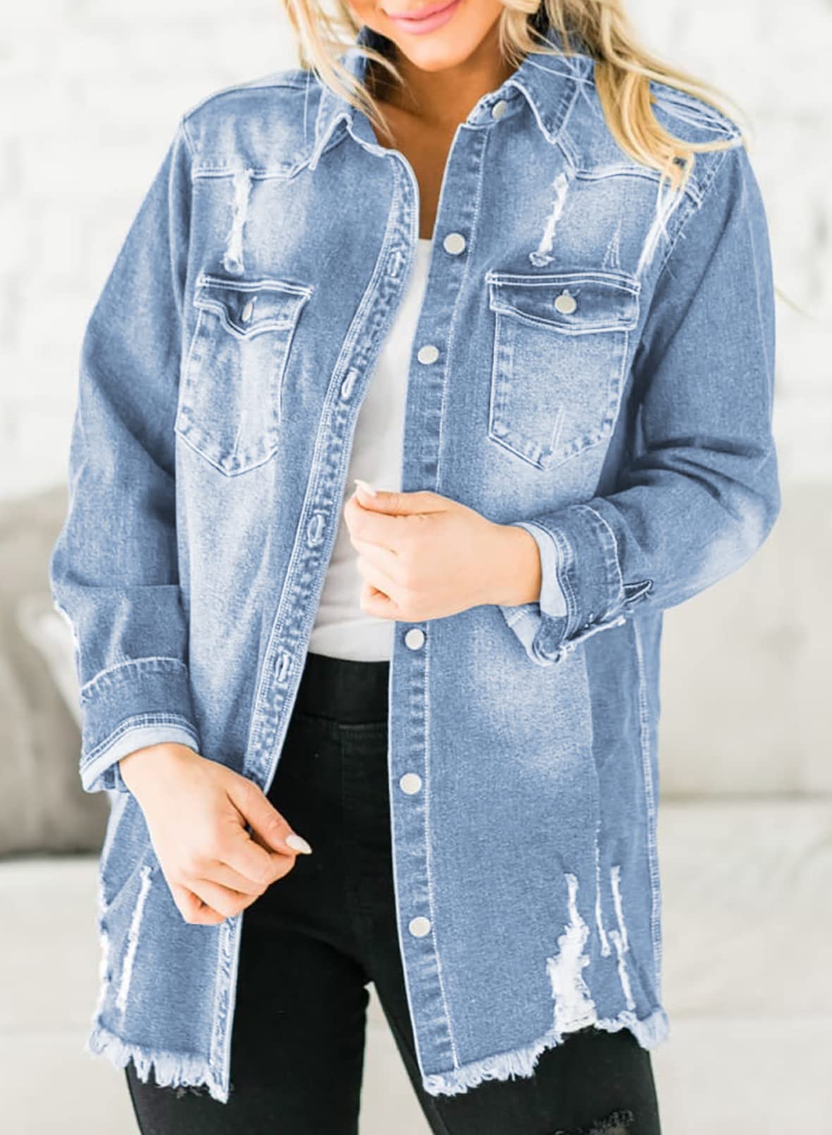 Dokotoo Womens Jean Shacket Frayed Washed Button Down Distressed Spring Summer Denim Shirts Oversize Casual Fashion Winter Long Sleeve Boyfriend Coat Jeans Trucker Jacket With Pockets Sky Blue M