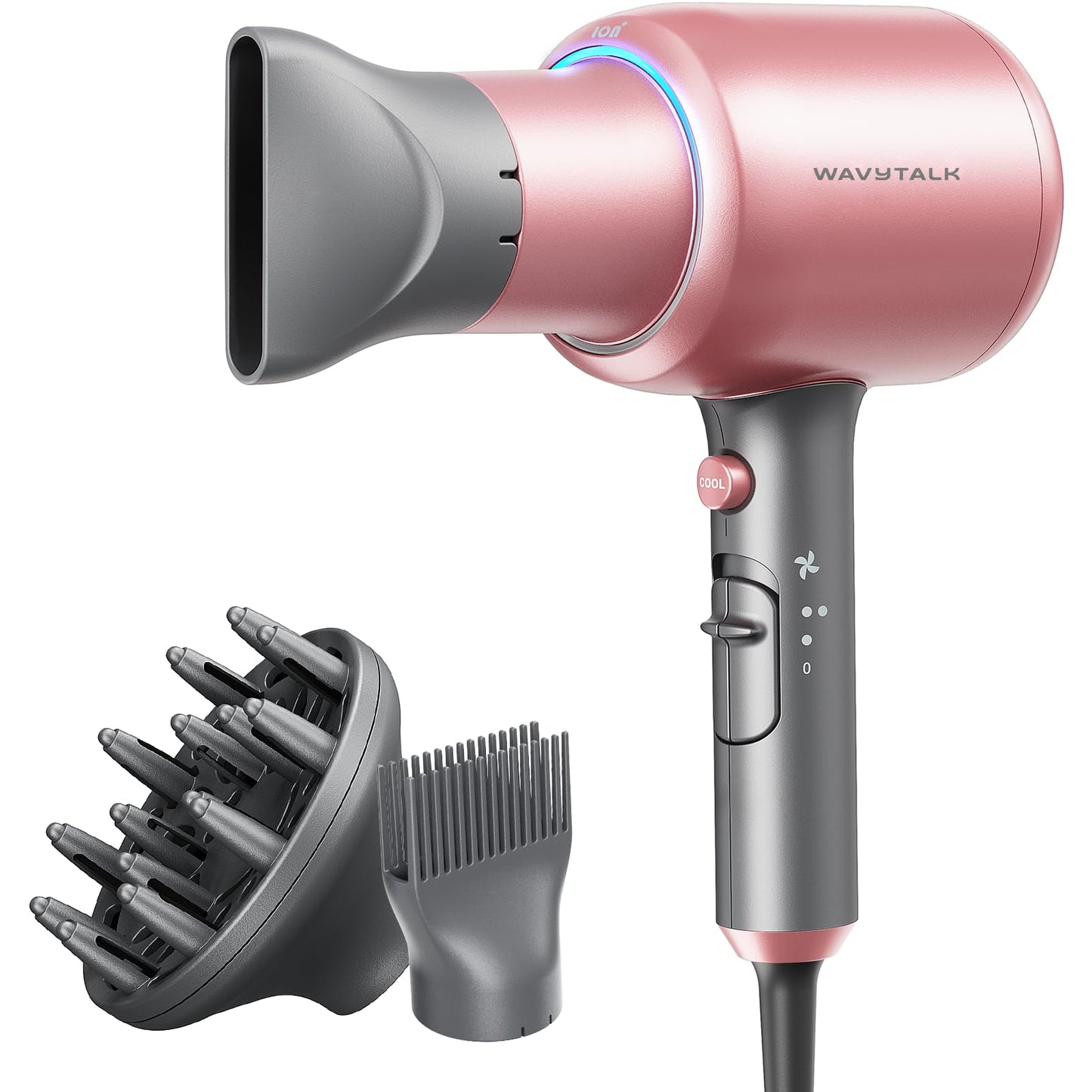 Wavytalk Hair Dryer, Blown Away Ionic Hair Dryer for Curly Hair with Diffuser, 1875W Fast Drying Blow Dryer with Ceramic Technology, 3 Attachments for All Hair Types, Light and Quiet, Rose Gold