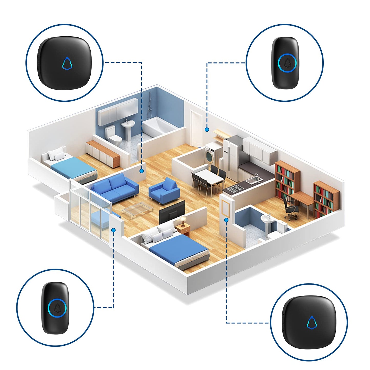 SECRUI Wireless Doorbell, Easy installation, Waterproof, Adjustable Volume, 58 Chimes, Colorful LED, 1000Ft Range, M520+F55, Black