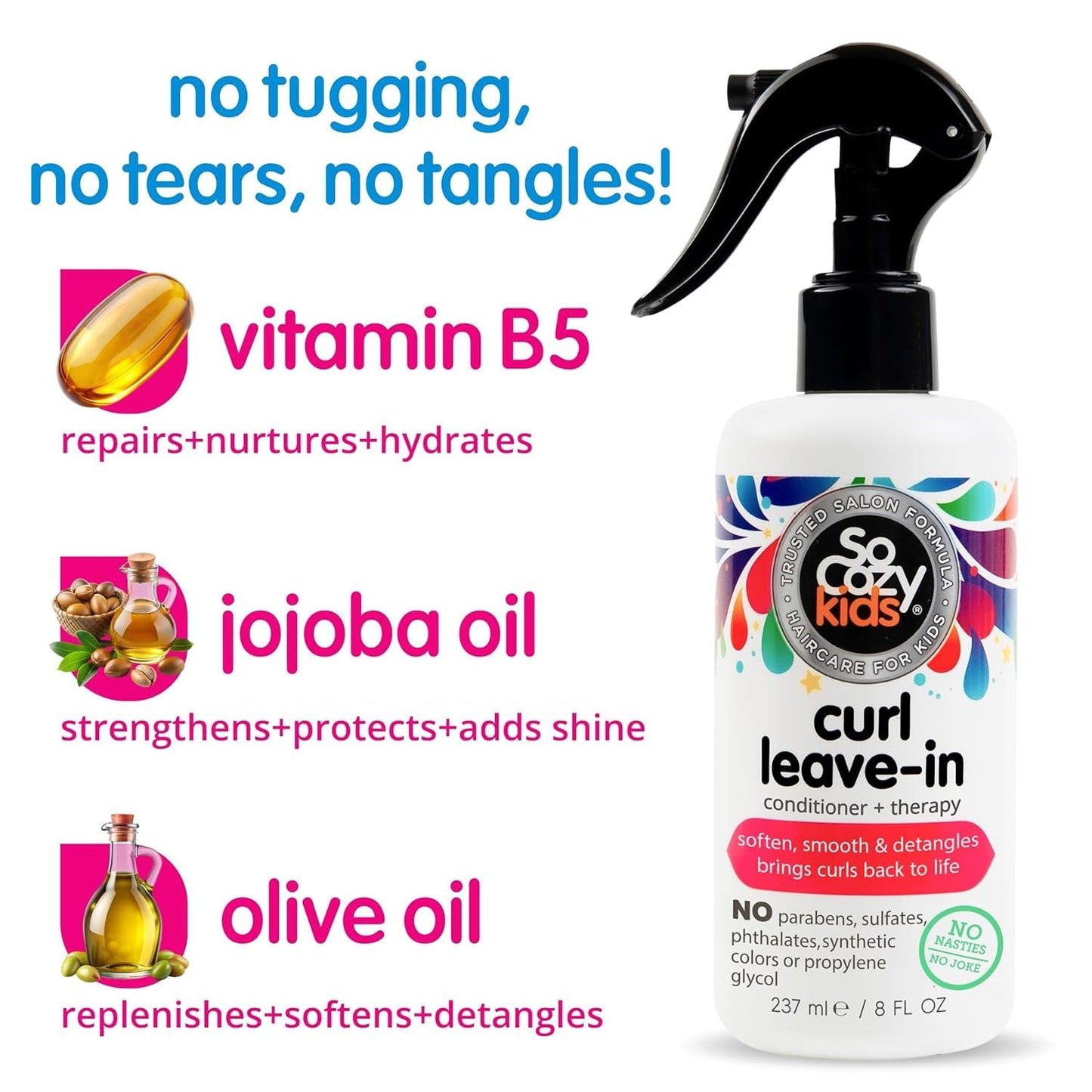 So Cozy Leave In Conditioner Spray (8 Fl Oz) Paraben-Free Detangler for Kids' Curly Hair, Deep Conditioner & Tangle-Free Curls, Gentle & Nourishing with Keratin, Vitamin B5, Olive Oil & Jojoba Oil