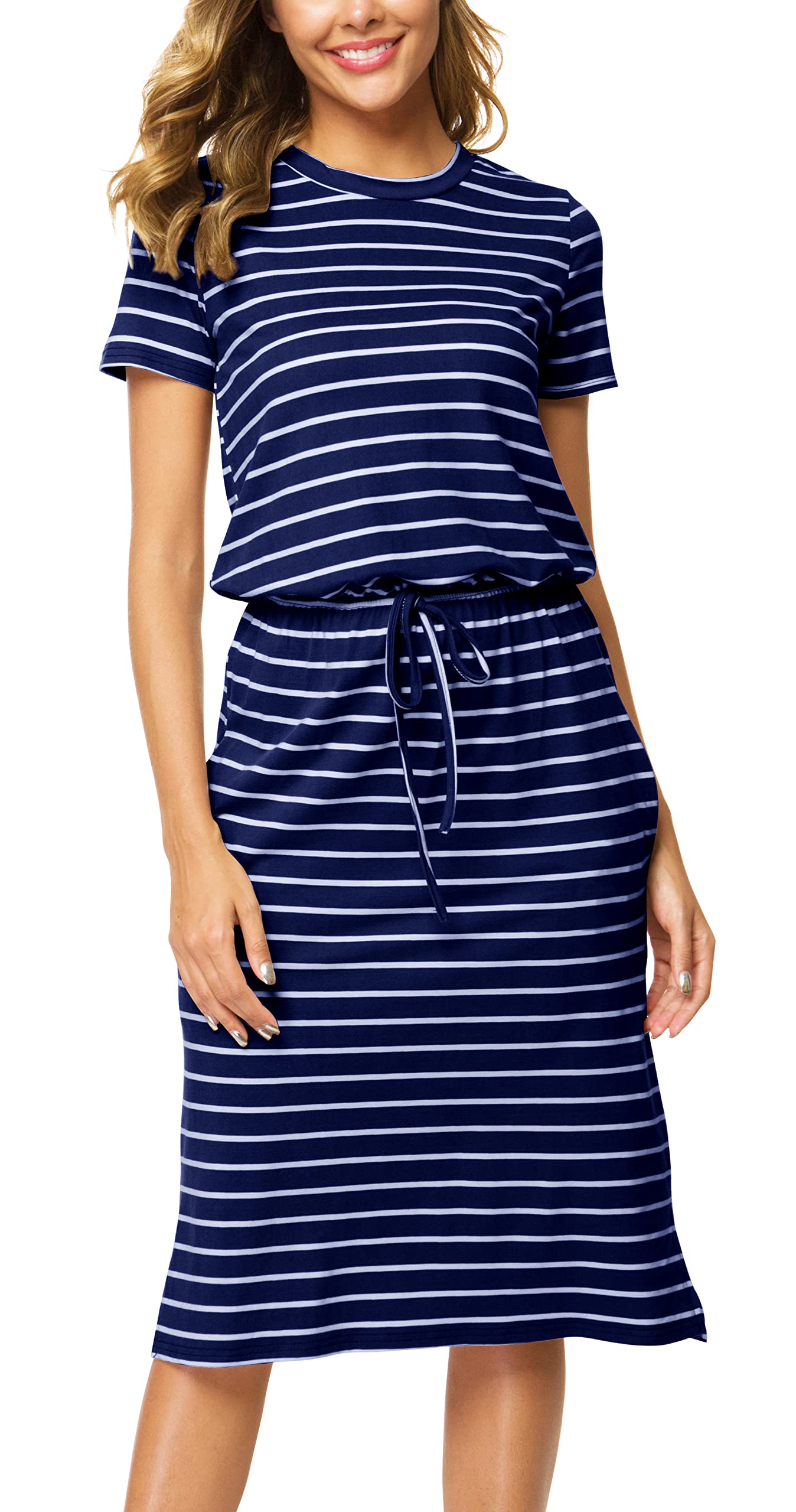 Women Summer Short Sleeve Pocket Travel Casual Midi Knee Dress Striped Blue XXL