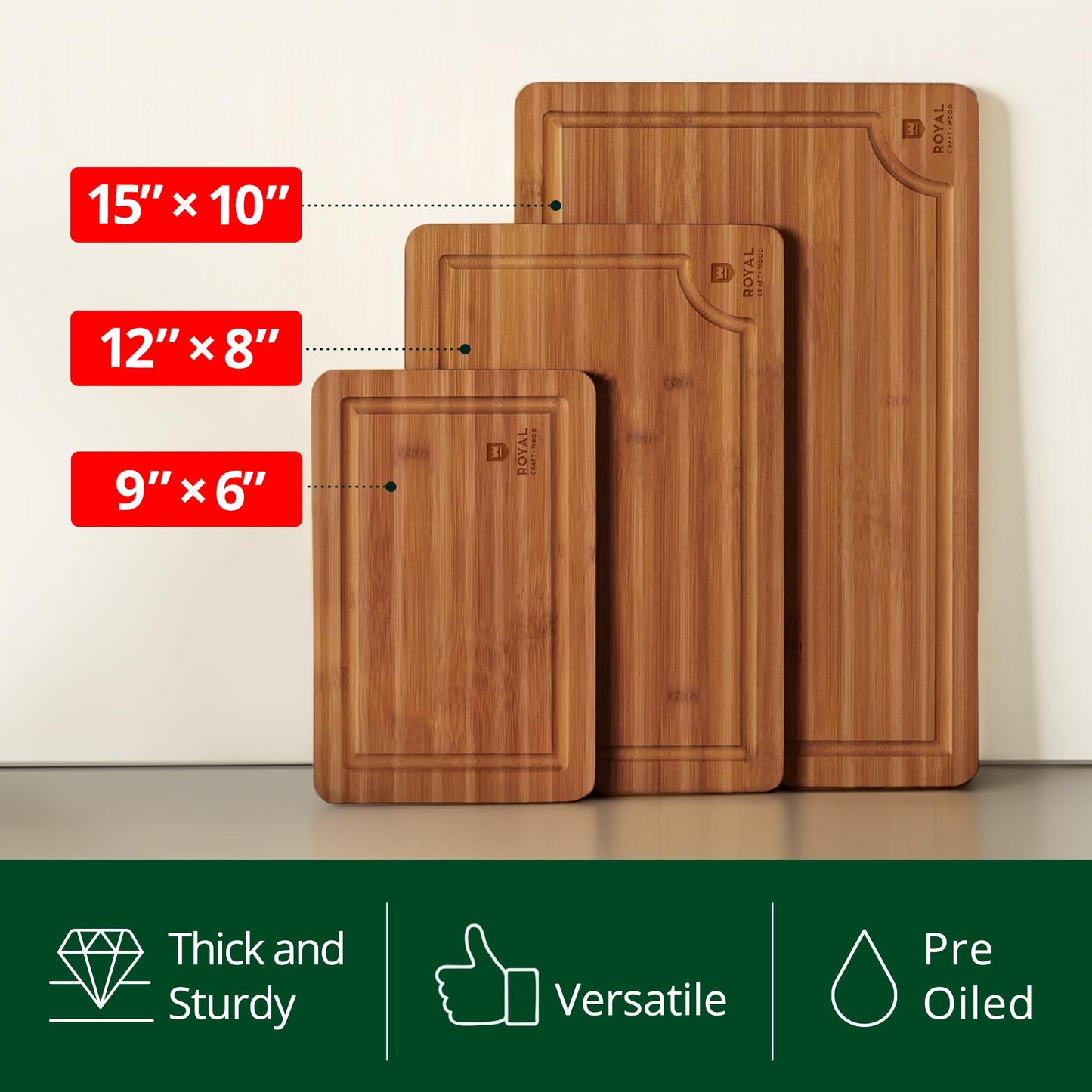 ROYAL CRAFT WOOD Wooden Cutting Boards for Kitchen Meal Prep & Serving - Bamboo Wood Serving Board Set with Deep Juice Groove Side Handles - Charcuterie & Chopping Butcher Block for Meat (3 Pcs)