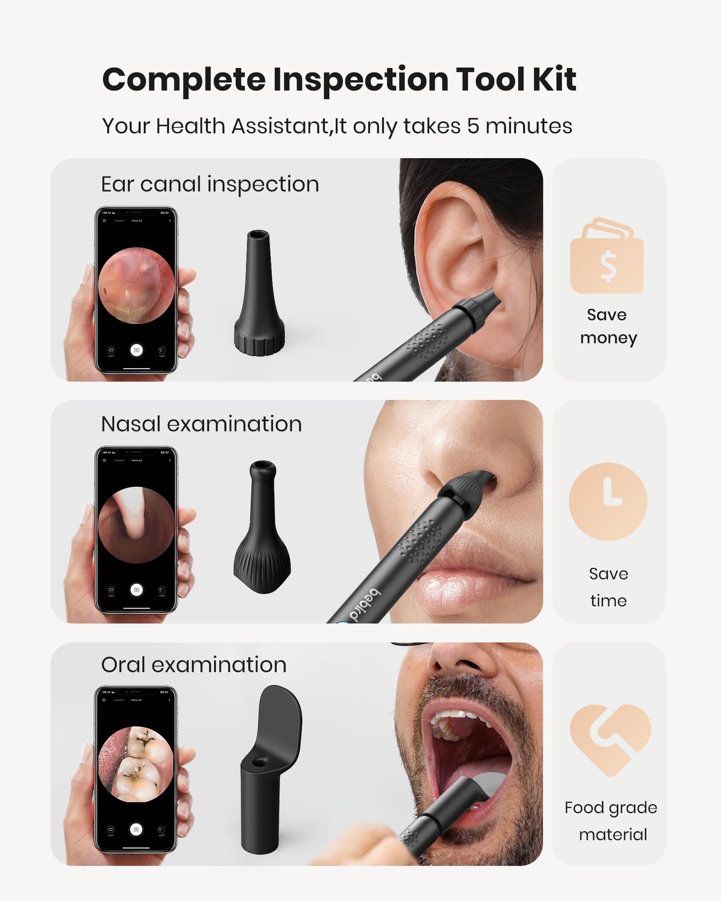 BEBIRD R1 Wax Removal Tool for Ear - Spade Ear Canal Cleaner with Camera 1080P Earscope, Wax Remove Ear Picker with Vari Replacement Tips, Camera with 6LED Light for Ear/Nose/Throat Examination, Black