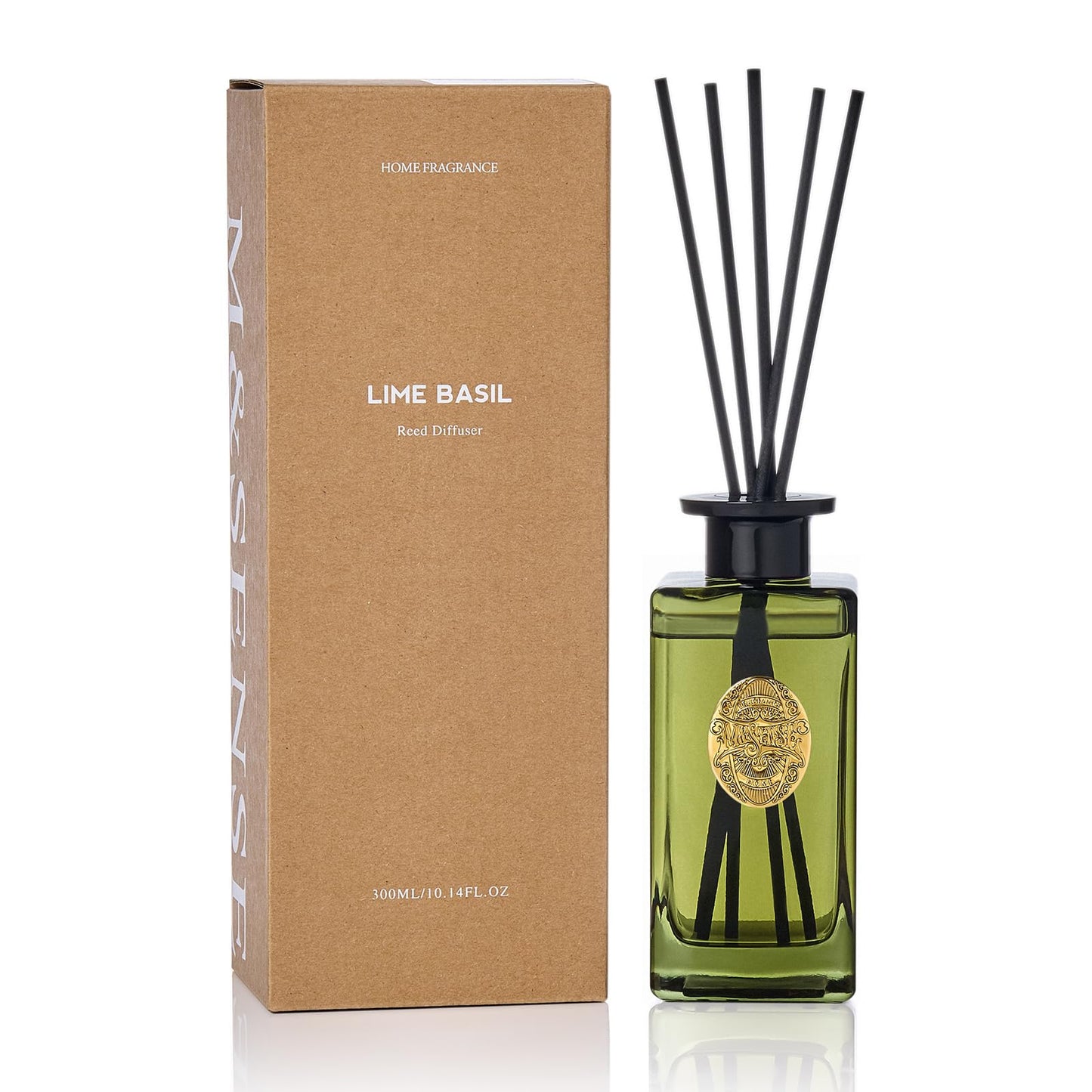 M&SENSE 10.14 oz Large Reed Diffuser | Lime Basil Scent Oil Diffuser with Sticks |Long Lasting Non-Toxic Essential Oil |Reed Diffuser for Bathroom Shelf Decor