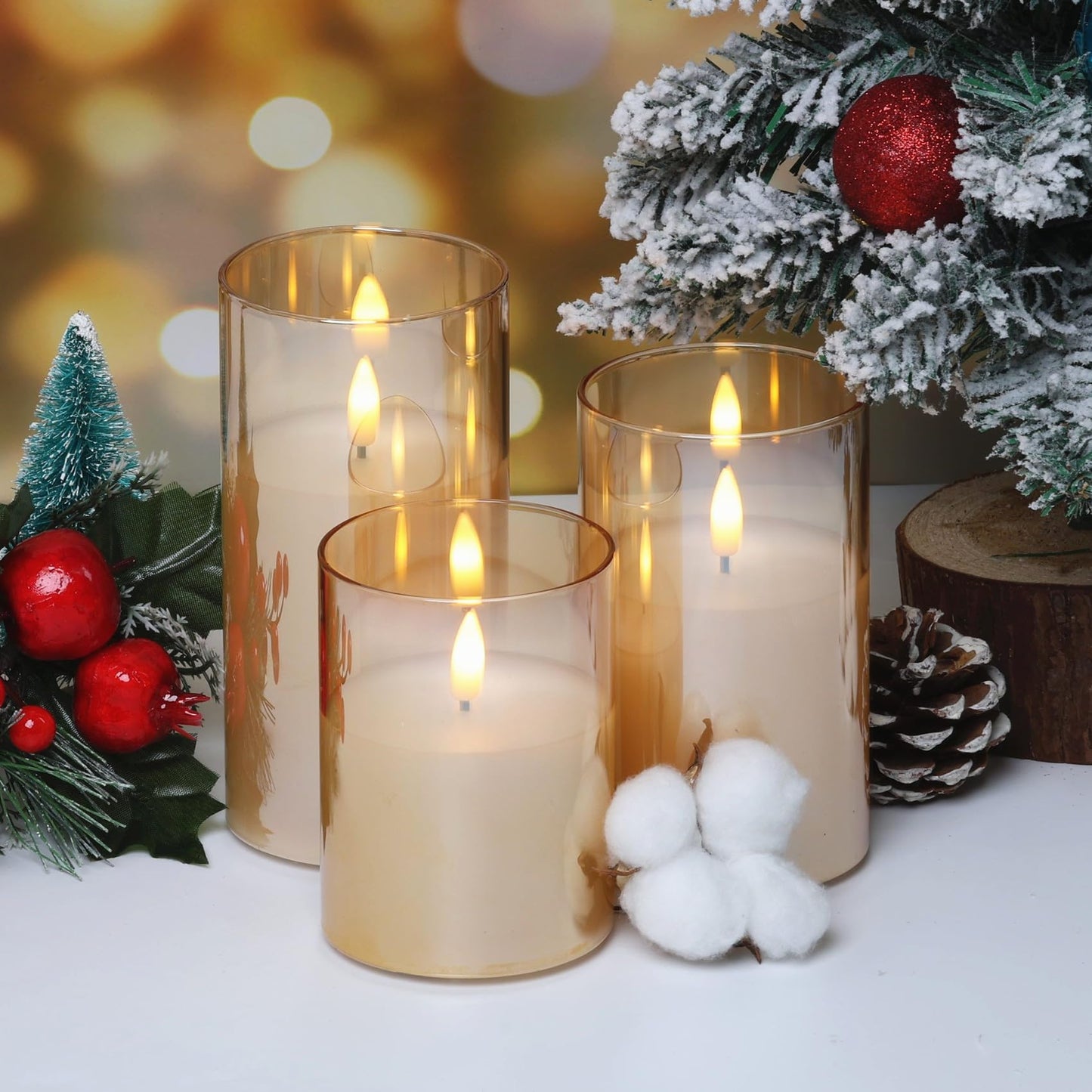 Eywamage Gold Glass Flameless Pillar Candles with Remote, Flickering Battery Operated Christmas LED Candles Set of 3