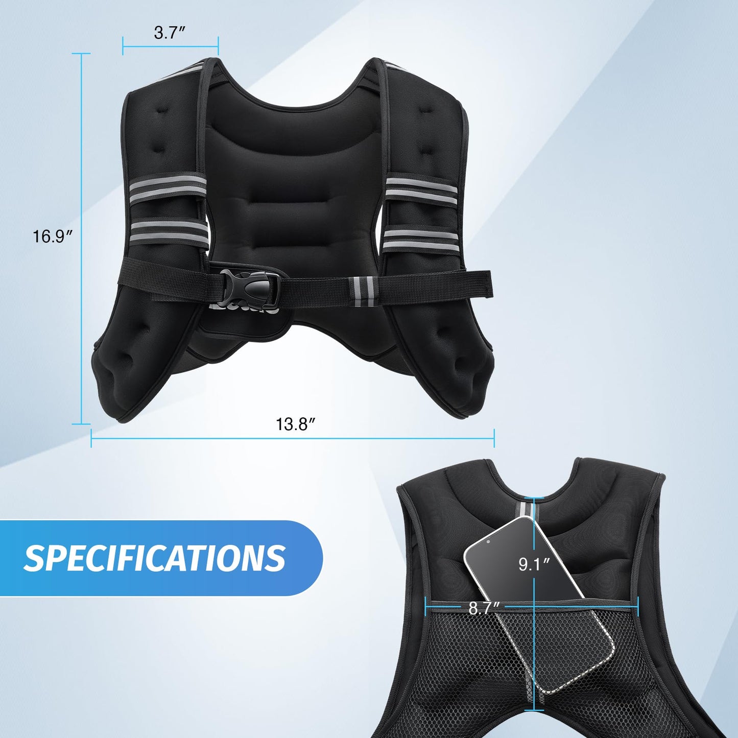 ZELUS Weighted Vest, 6lb/8lb/12lb/16lb/20lb/25lb/30lb Weight Vest with Reflective Stripe for Workout, Strength Training, Running, Fitness, Muscle Building, Weight Loss, Weightlifting, Black(20 lb)