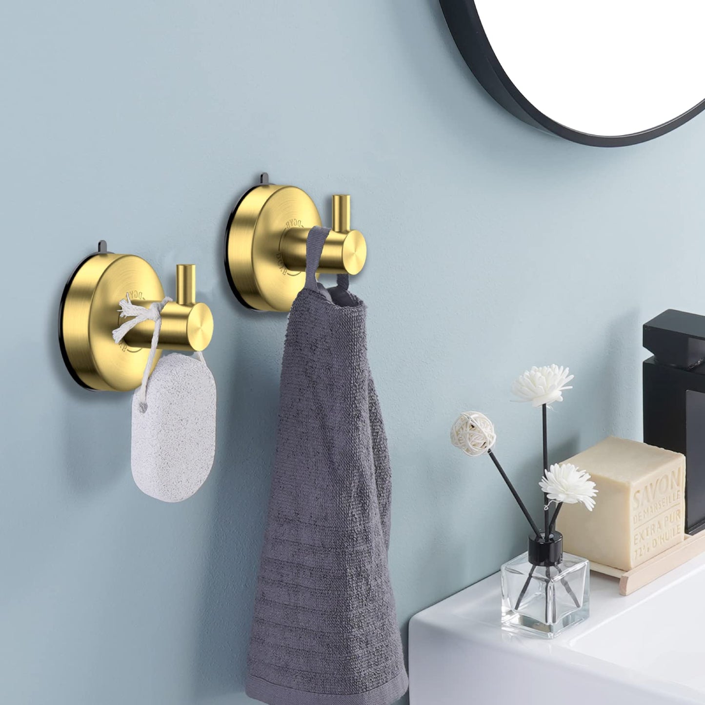 DGYB Suction Cup Hooks for Shower Set of 2 Gold Towel Hooks for Bathrooms SUS 304 Stainless Steel Shower Hooks for Loofah 15 Lb Bathroom Hooks for Towels