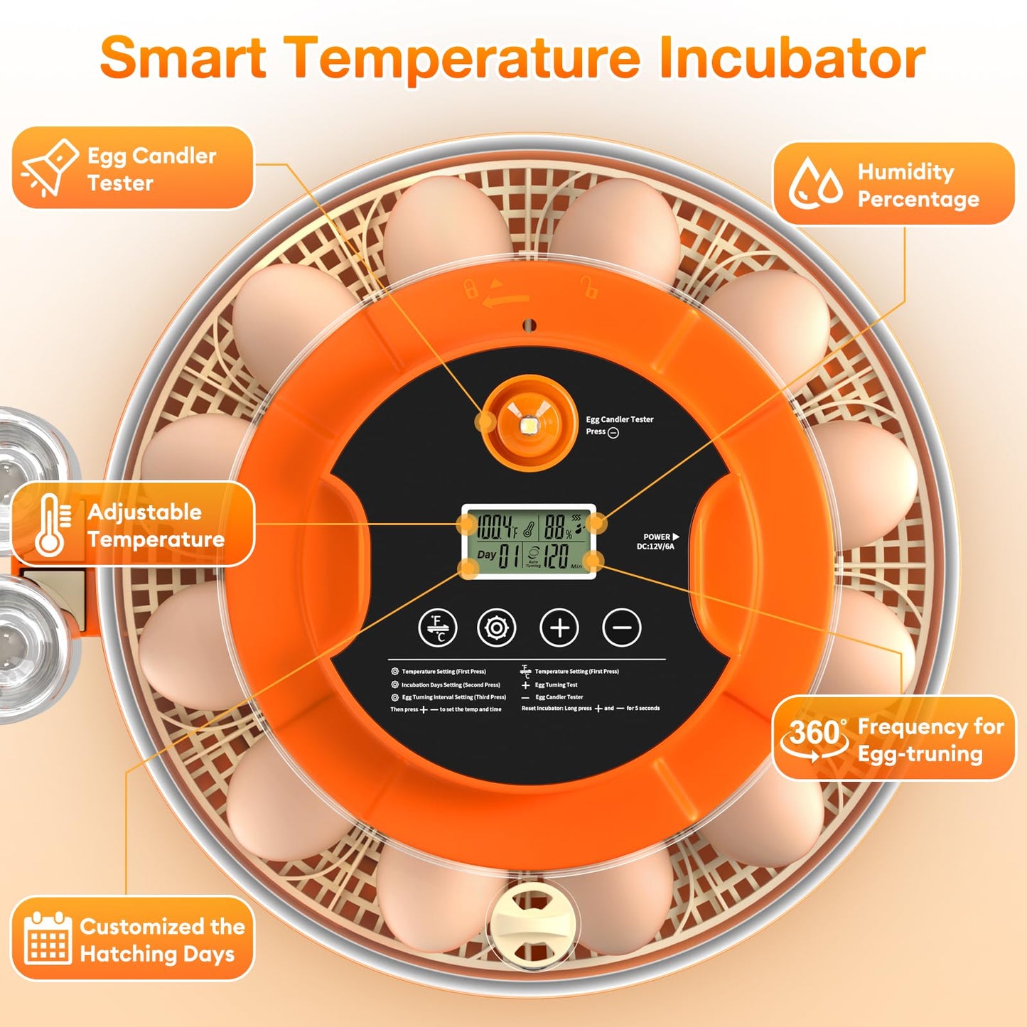 18 Egg Incubator with Automatic Egg Turning and Humidity Control, Incubators for Hatching Eggs, Chicken, Ducks, Goose, Pigeon, Quail, Parrot Incubator for Farm, Lab, Science Classroom, Home (Orange)