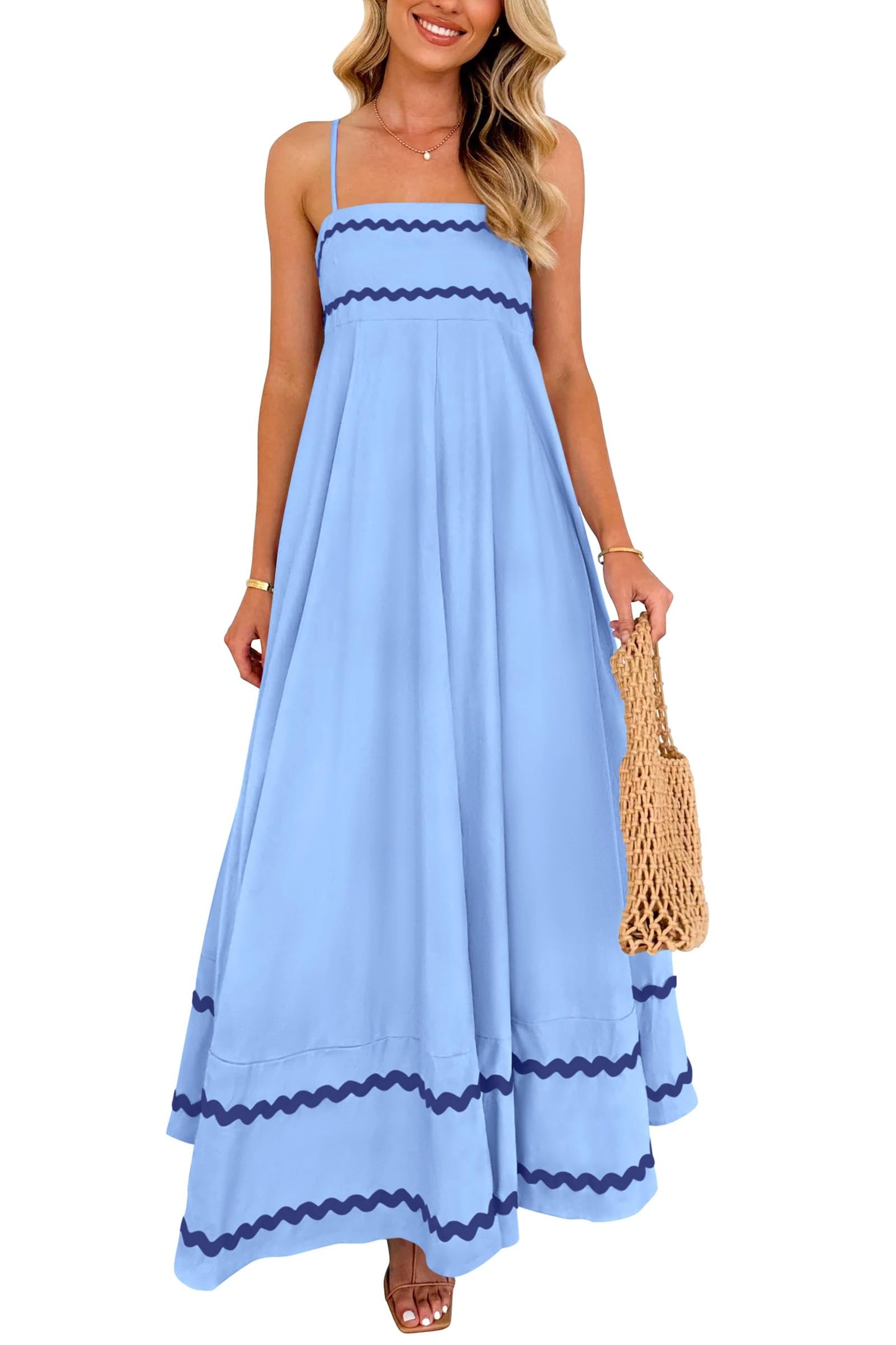 PRETTYGARDEN Women's 2025 Summer Flowy Maxi Dress Casual Sleeveless Spaghetti Strap Ruffle Beach Long Dresses (Light Blue,Small)