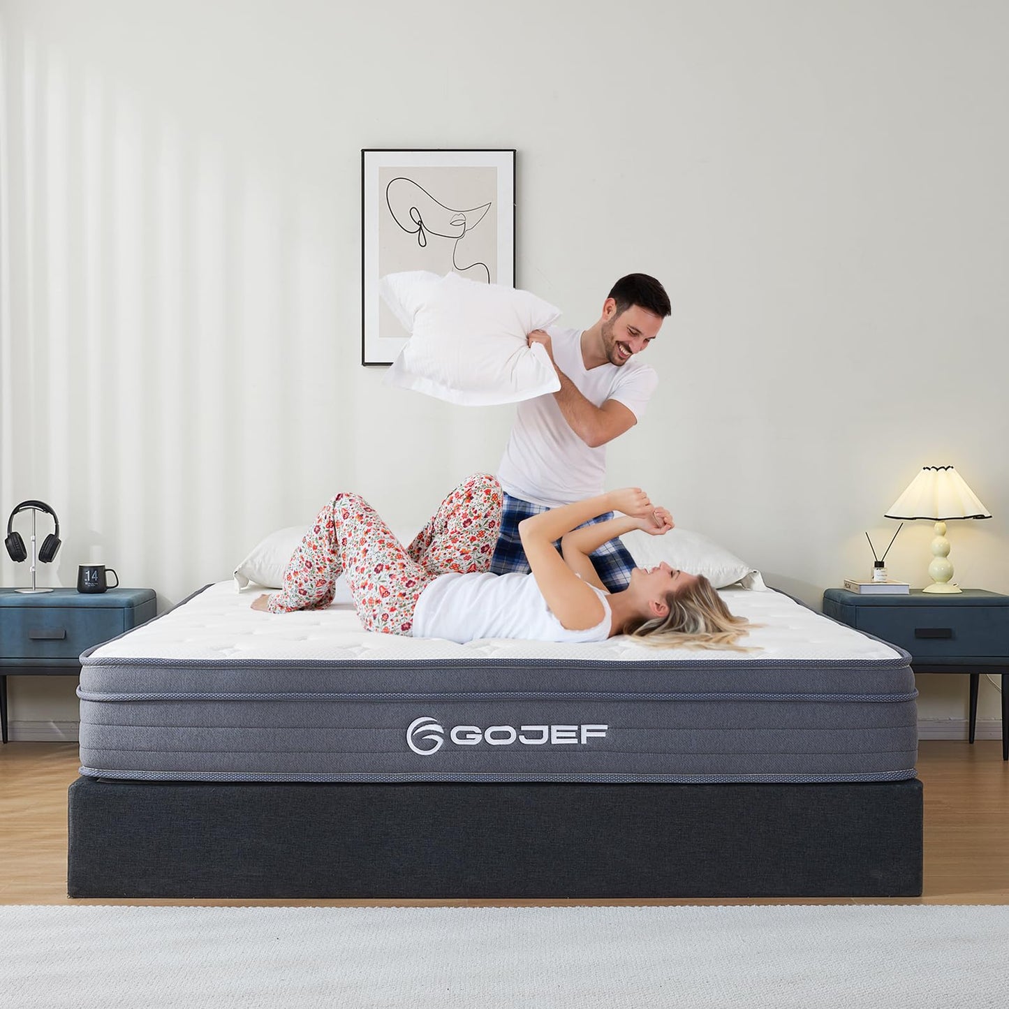 Gojef Queen Mattress, 12 Inch Queen Size Hybrid Mattress in a Box with Independent Spring, Soft and Comfortable, Pressure Relief, Medium Firmness, CertiPUR-US Certified