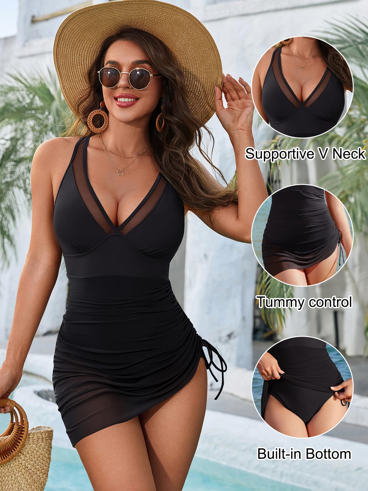 Blooming Jelly Women One Piece Swimsuits Tummy Control Swim Dress Slimming Drawstring Bathing Suit Skirt (XL, Black)