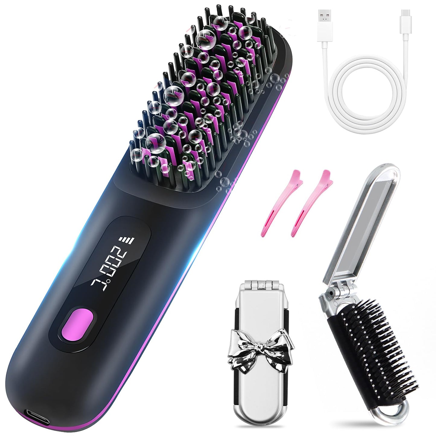 Cordless Hair Straightener Brush, Mini Portable Straightening Brush for Lightweight Carry, Negative Ion Hot Comb Hair Straightener, Rechargeable 9600mAh Battery, Anti-Scald, Gift for Women