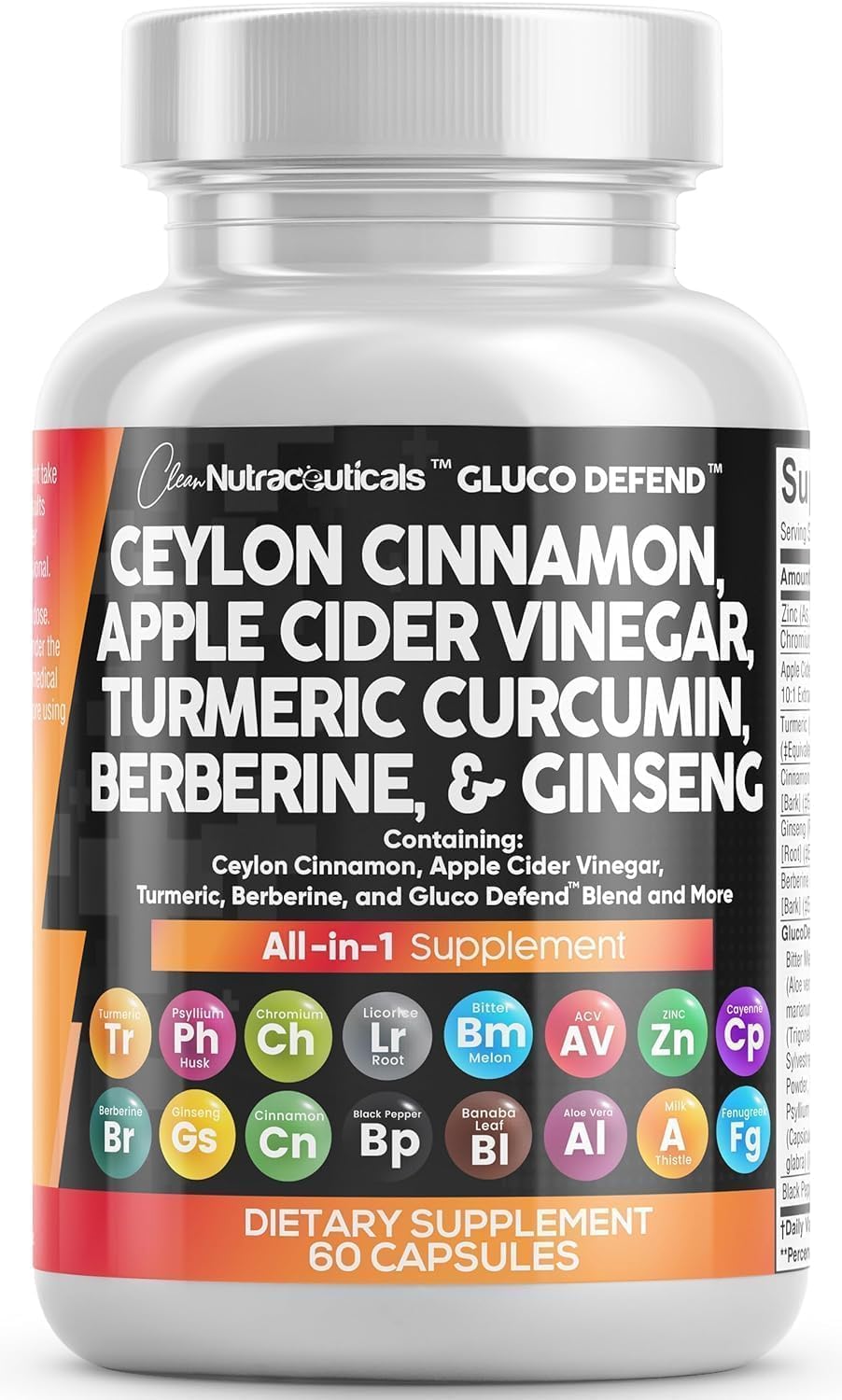 Clean Nutraceuticals Ceylon Cinnamon Turmeric Apple Cider Vinegar Ginseng Berberine Plus Bitter Melon Gymnema Milk Thistle Fenugreek