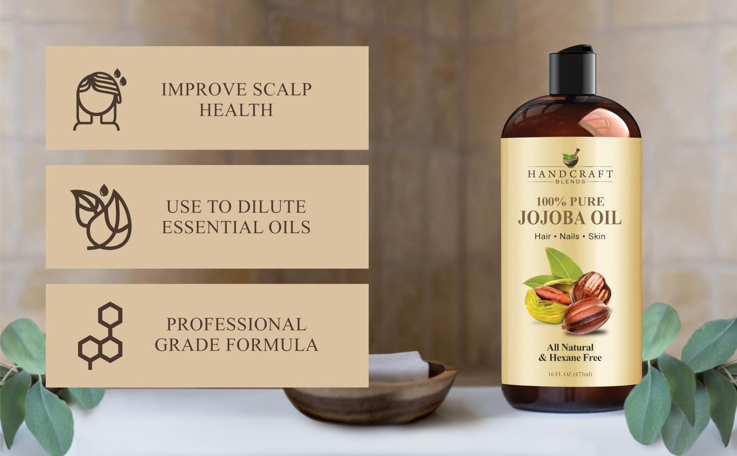 Handcraft Blends Jojoba Oil - Cold-Pressed 16 Fl Oz - 100% Pure and Natural - Premium Grade Carrier Oil for Skin and Hair - Hair and Body - Massage - Hexane-Free - Hair Relaxer for Tight Curls