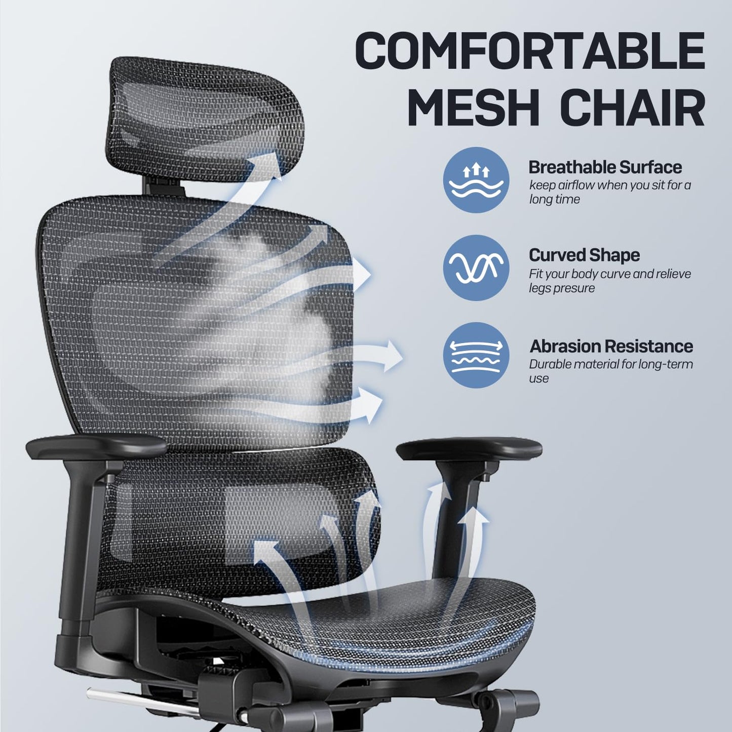 Ergonomic Office Chair, Breathable Mesh with Adaptive Lumbar Support, 3D Headrest, Armrests, Retractable Footrest, and a Six-Position Adjustable Backrest, Black