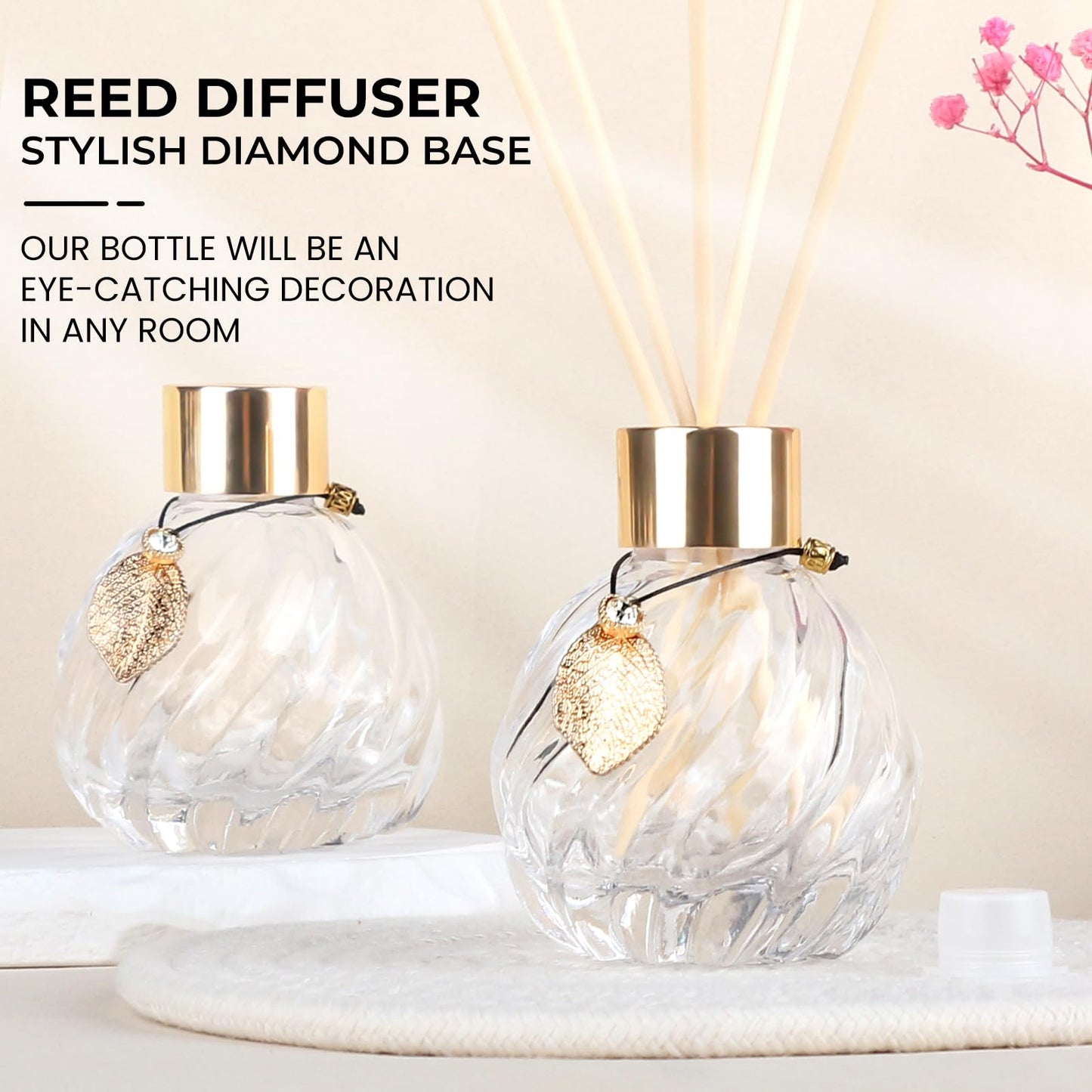 Trifolic 4Pcs Reed Diffuser Set with Metal Golden Decoration, 3.5-4.2oz Empty Reed Diffuser Bottles with 20Pcs Reed Diffuser Sticks, Unique Design Bottles for Home and Office(4 Pcs Different Bottles)