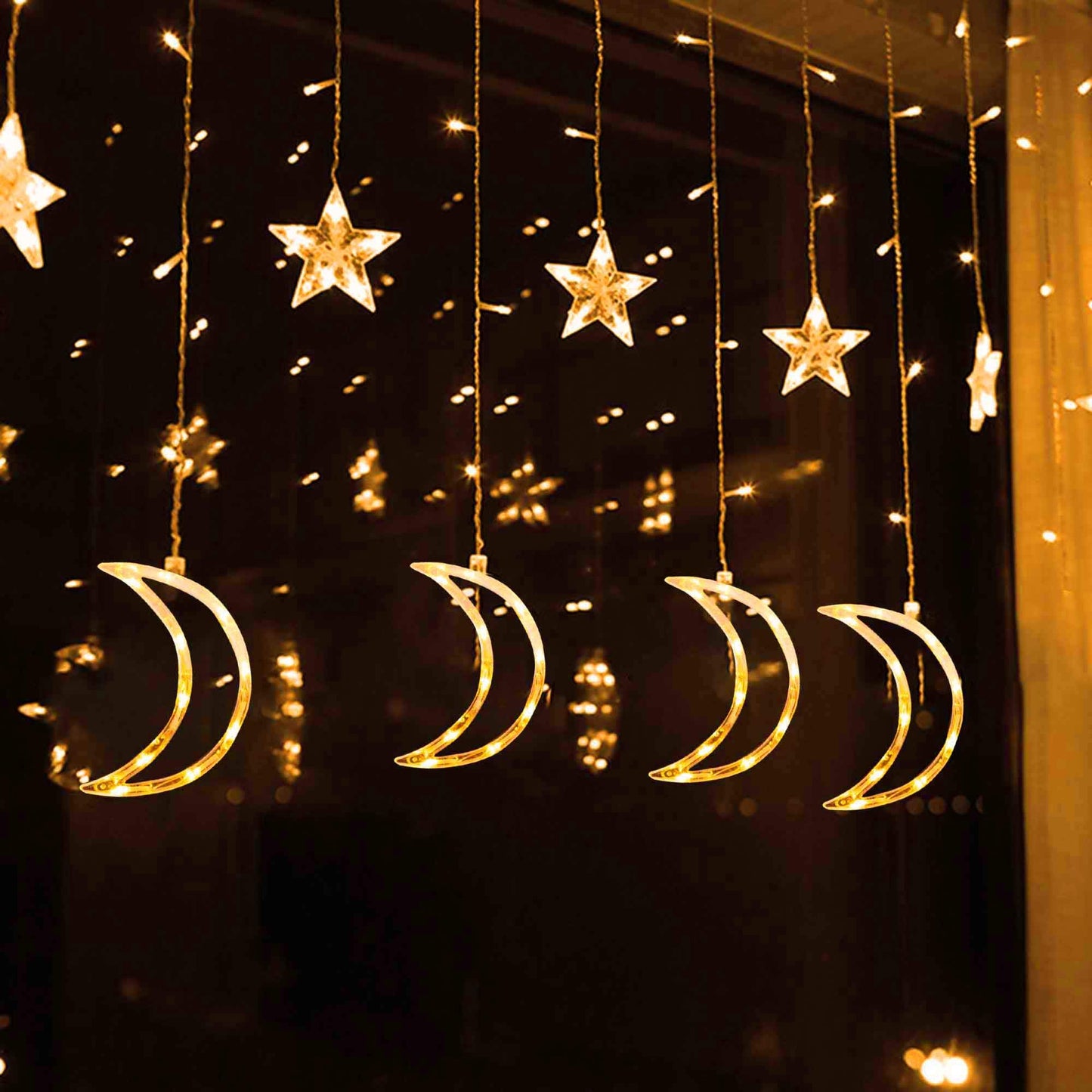 Dazzle Bright Ramadan Curtain String Lights, 138 LED 6.7ft x 3.2ft Warm White Star Moon 8 Lighting Modes Fairy Lights with Remote for Bedroom Wall, Wedding, Outdoor Party, Ramadan Decorations