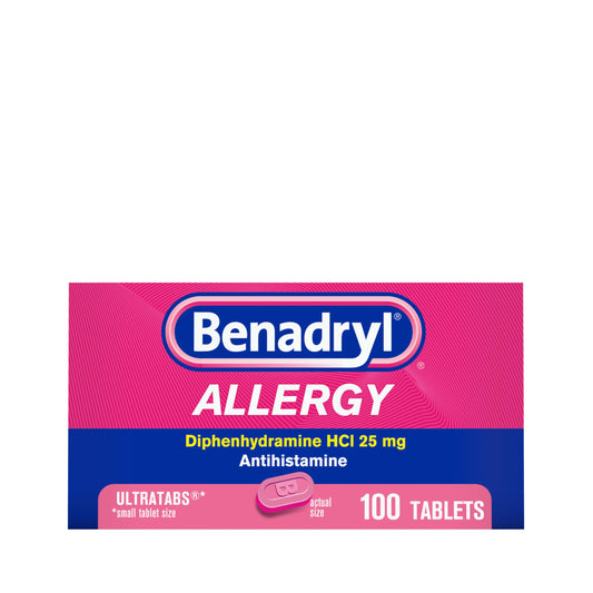 Benadryl Ultratabs Antihistamine Allergy Relief Medicine, Diphenhydramine HCl Tablets for Relief of Cold & Allergy Symptoms Such as Sneezing, Runny Nose, & Itchy Eyes & Throat, 100 ct