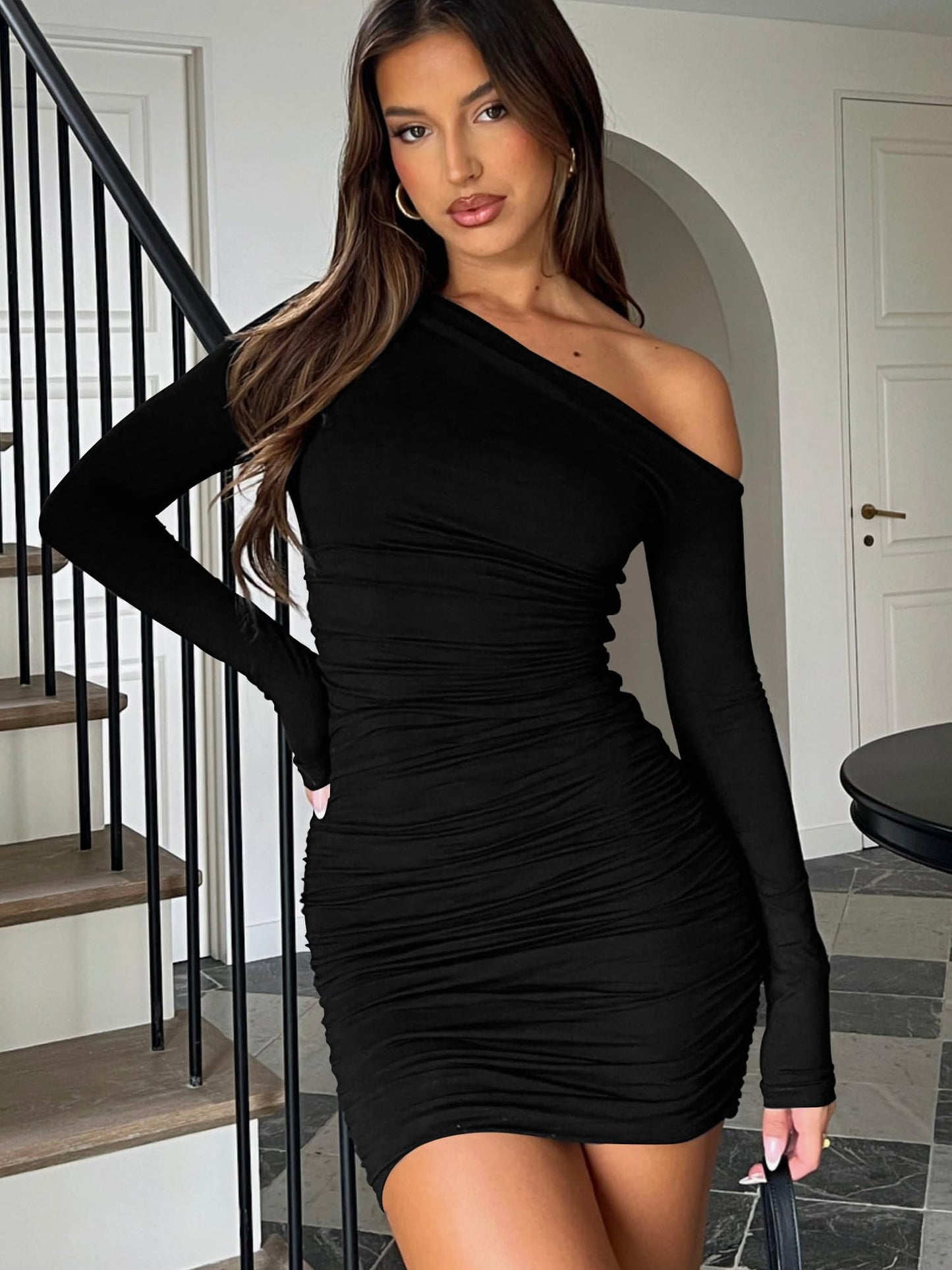 Mokoru Women's Sexy Elegant Off Shoulder Long Sleeve Ruched Bodycon Cocktail Party Mini Dresses, Small, Black