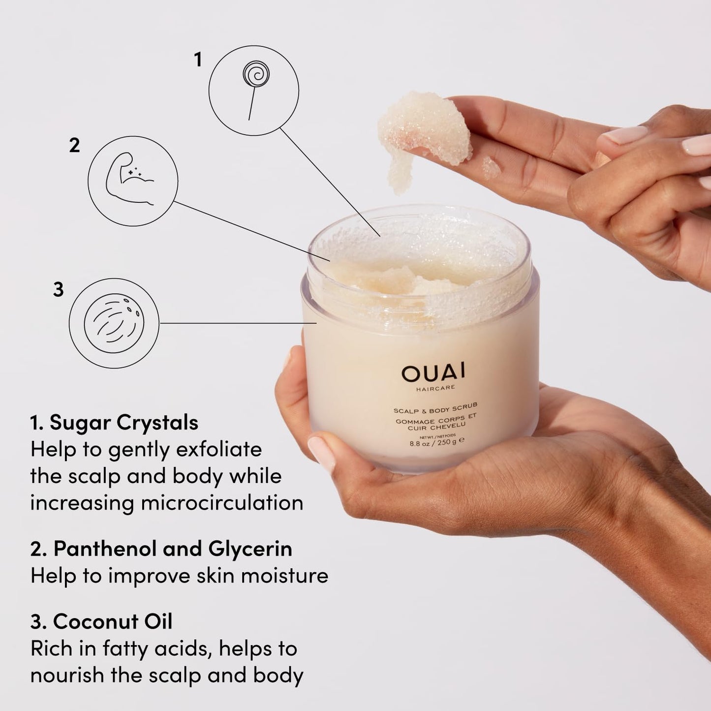 OUAI Scalp & Body Scrub, Melrose Place - Exfoliating Body Scrub with Sugar & Coconut Oil Blend for Smooth, Moisturized Skin - Gentle Scalp Scrub for Removing Product Build Up (8.8 Oz)