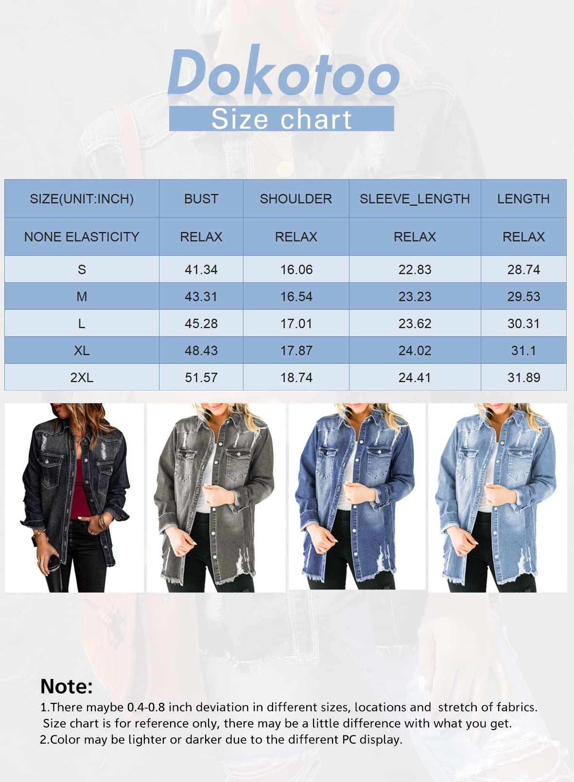 Dokotoo Womens Jean Shacket Frayed Washed Button Down Distressed Spring Summer Denim Shirts Oversize Casual Fashion Winter Long Sleeve Boyfriend Coat Jeans Trucker Jacket With Pockets Sky Blue M