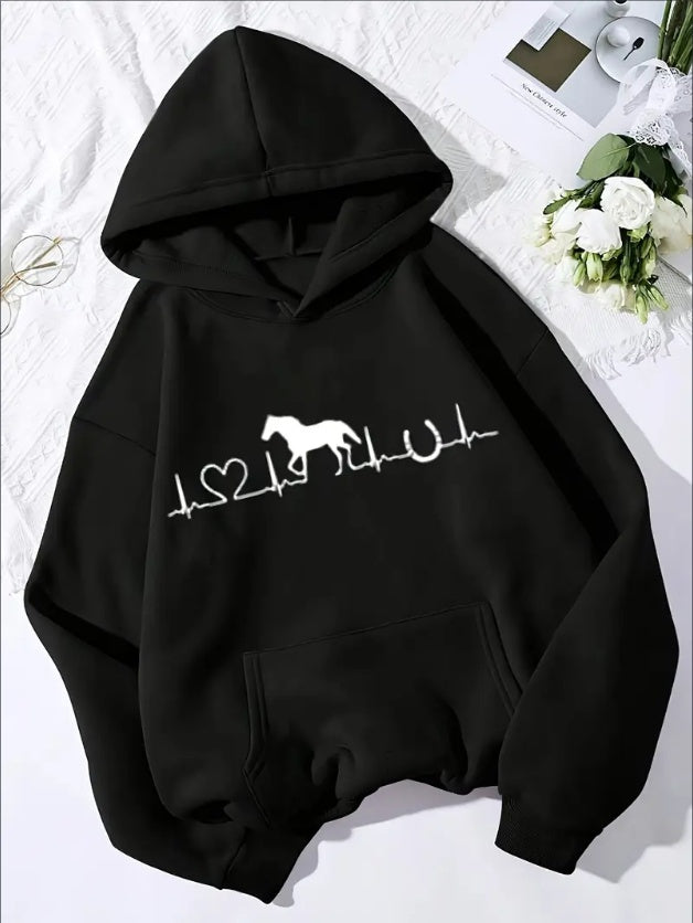 Stylish Horse Print Kangaroo Pocket Casual Long Sleeve Hoodie Sweatshirt For Women