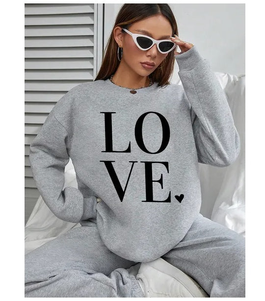 Women Basic Casual Pullover Spring Autumn Long Sleeve Love Letter Round Neck