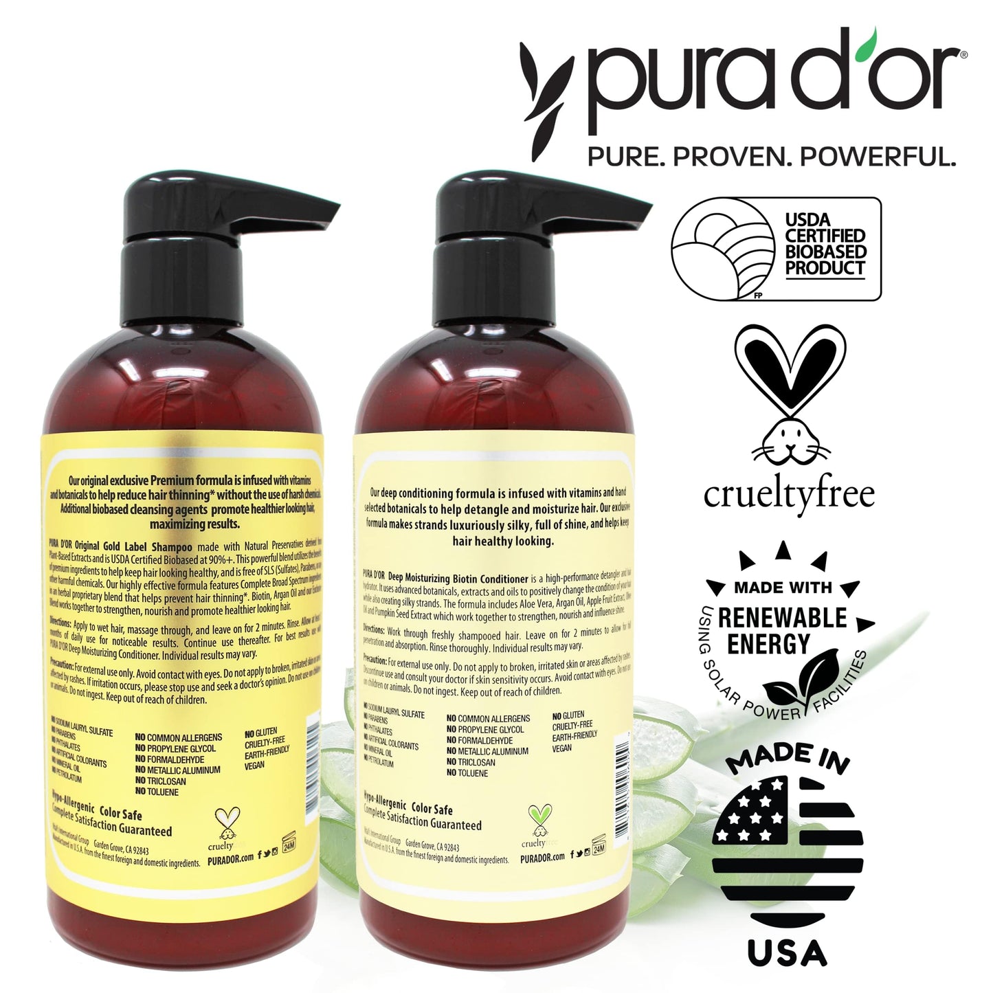 PURA D'OR Anti-Thinning Biotin Shampoo & Deep Moisturizing Conditioner Original Gold Label Set (16oz x2) Natural Earthy Scent, CLINICALLY TESTED Effective Results, DHT Blocker Thickening, Women & Men