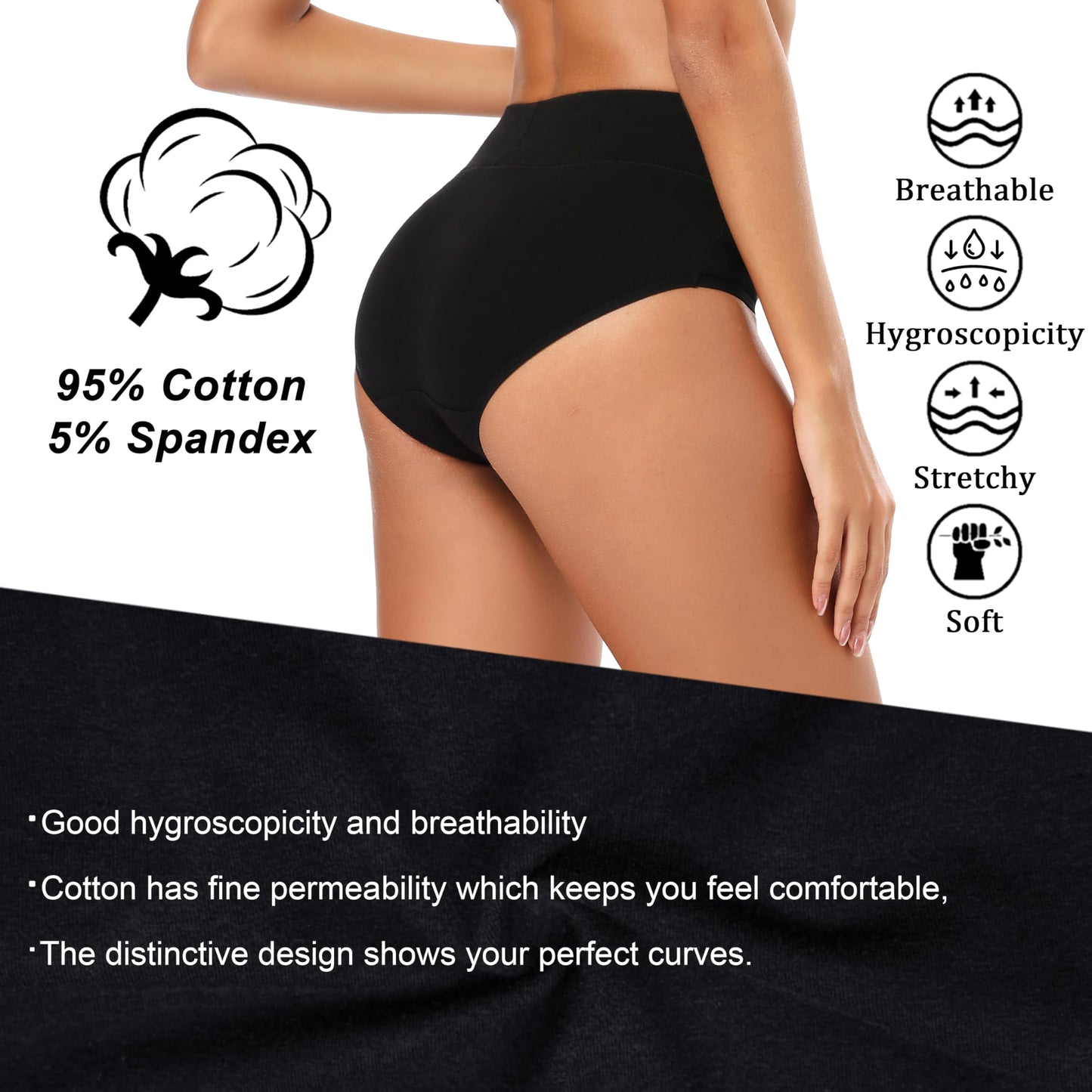 Molasus Women's Soft Cotton Underwear Briefs High Waisted Postpartum Panties Ladies Full Coverage Plus Size Underpants Black,XL