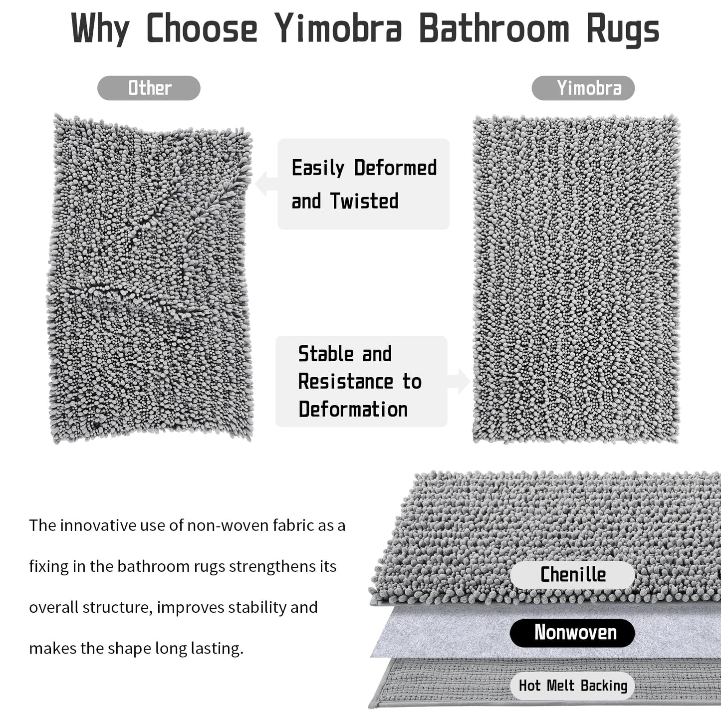 Yimobra Bath Rug Mat, 32 x 20, Soft Shaggy Non-Slip Chenille Bathroom Rugs, Large Size, Super Absorbent and Thick, Machine Washable Bathroom mat, Tub and Shower, Home Decor Accessories, Grey