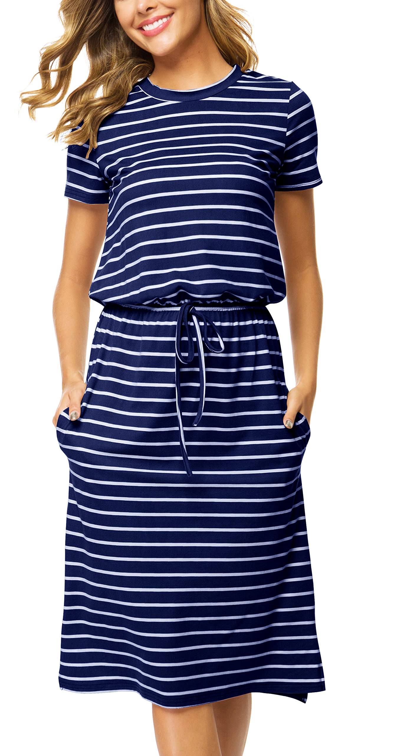 Women Summer Short Sleeve Pocket Travel Casual Midi Knee Dress Striped Blue XXL