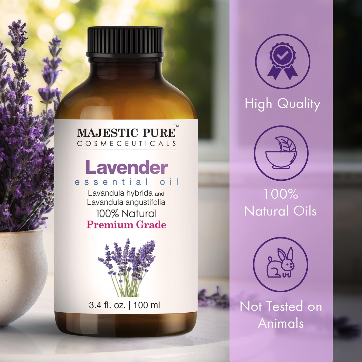 Majestic Pure Lavender Essential Oil with Glass Dropper | 100% Pure and Natural Lavender Oil | Premium Grade Essential Oils for Diffusers, Skin, Aromatherapy, Massage | 4 Fl Oz