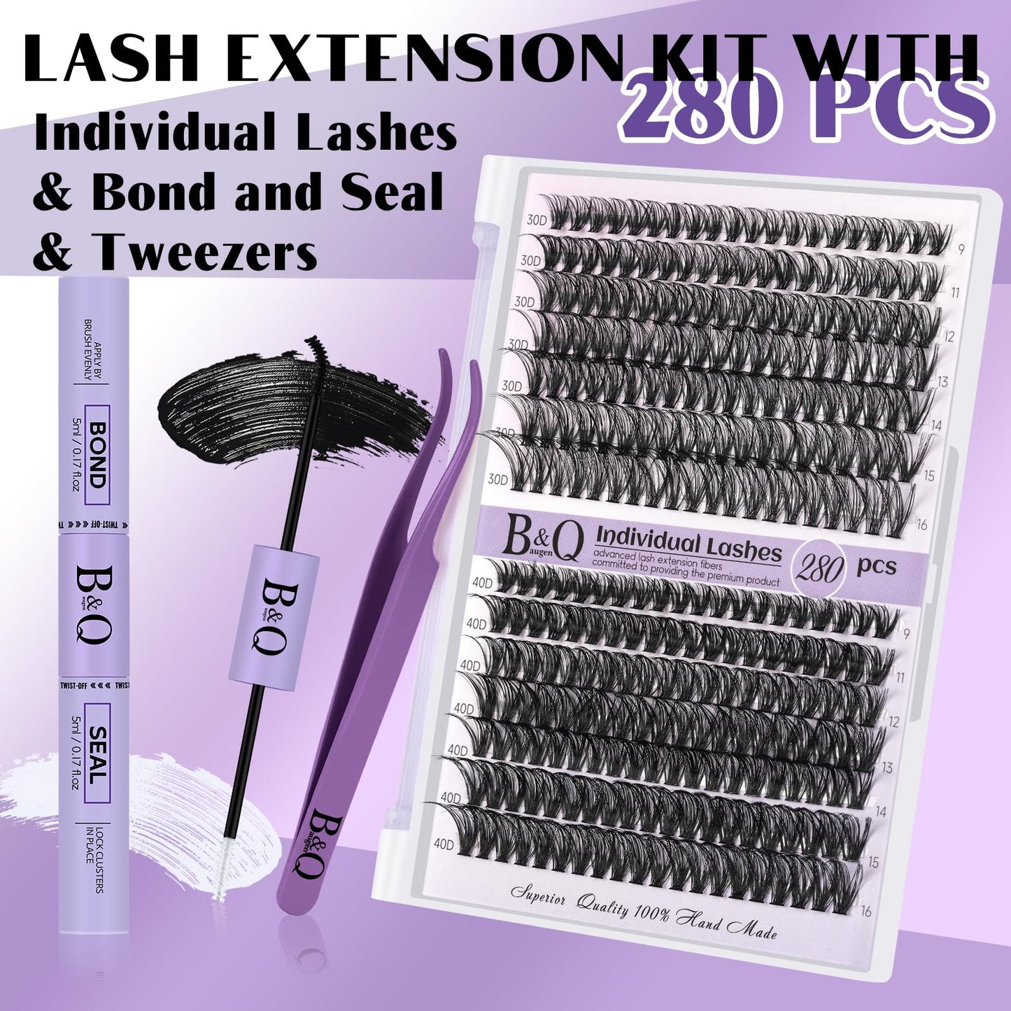 B&Qaugen Lash Extension Kit 280pcs Individual Lashes Cluster 40D D Curl Eyelash Extension Kit Lash Clusters with Lash Bond and Seal and Lash Applicator Tool for Self (KIT,30D+40D-D-9-16MIX)