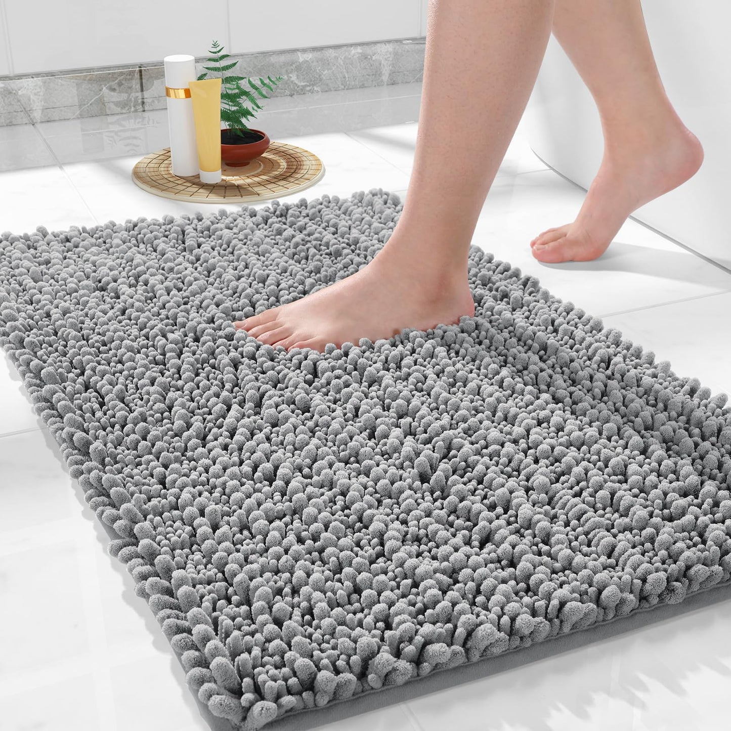 Yimobra Bath Rug Mat, 32 x 20, Soft Shaggy Non-Slip Chenille Bathroom Rugs, Large Size, Super Absorbent and Thick, Machine Washable Bathroom mat, Tub and Shower, Home Decor Accessories, Grey