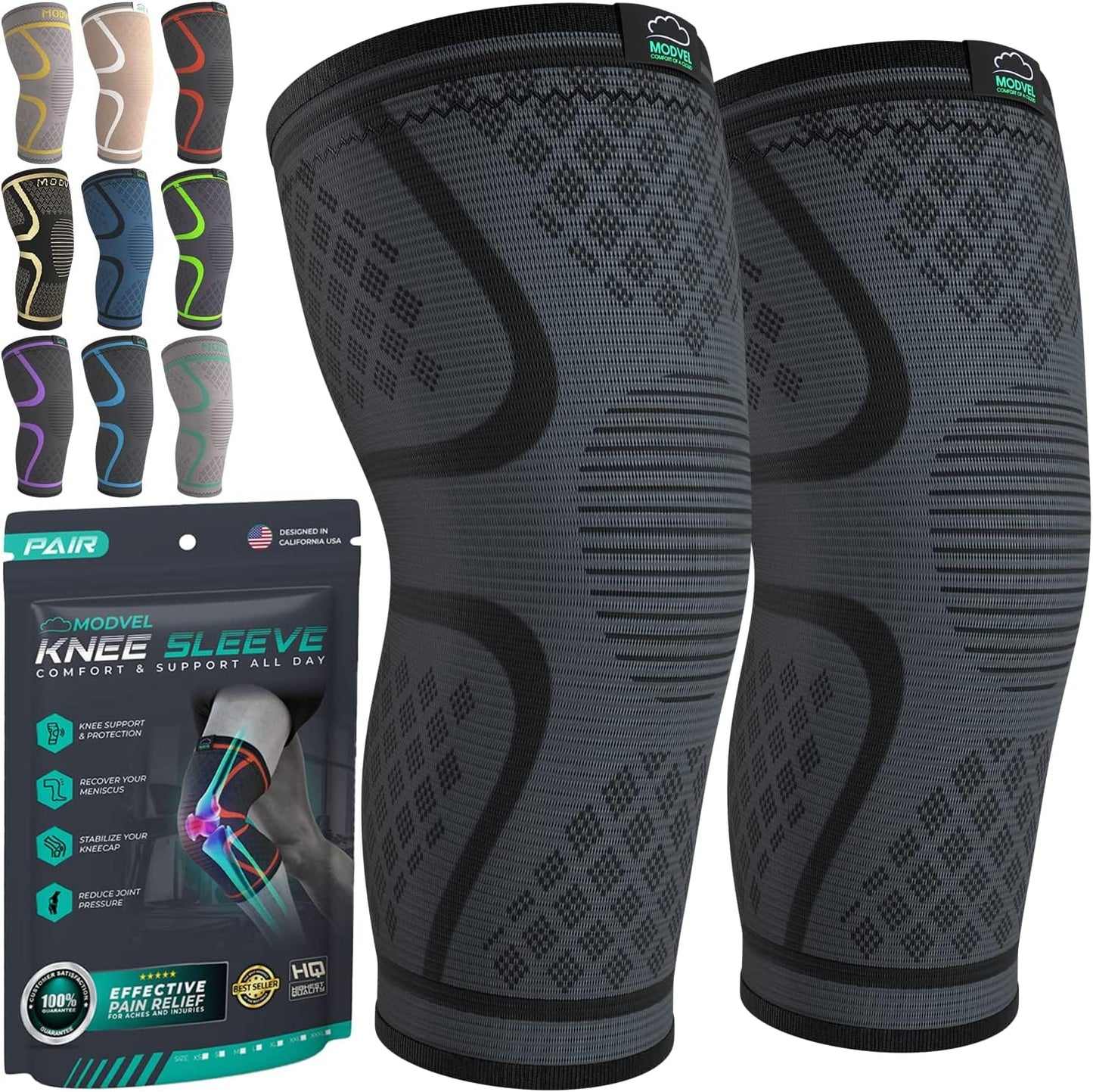 Modvel Compression Knee Brace for Women & Men, 2-Pack Knee Brace for Running Knee Pain, Knee Support Compression Sleeve, Workout Sports Knee Braces for Meniscus Tear, ACL & Arthritis Pain Relief