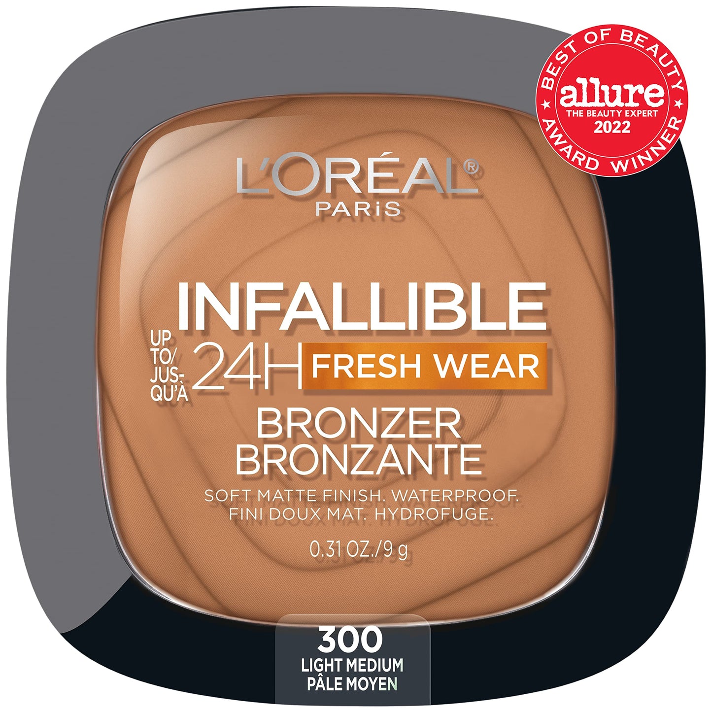 L’Oréal Paris Infallible Up to 24H Fresh Wear Soft Matte Longwear Bronzer. Waterproof, heatproof, Transfer, humidity and sweatproof, Light Medium, 0.31 oz