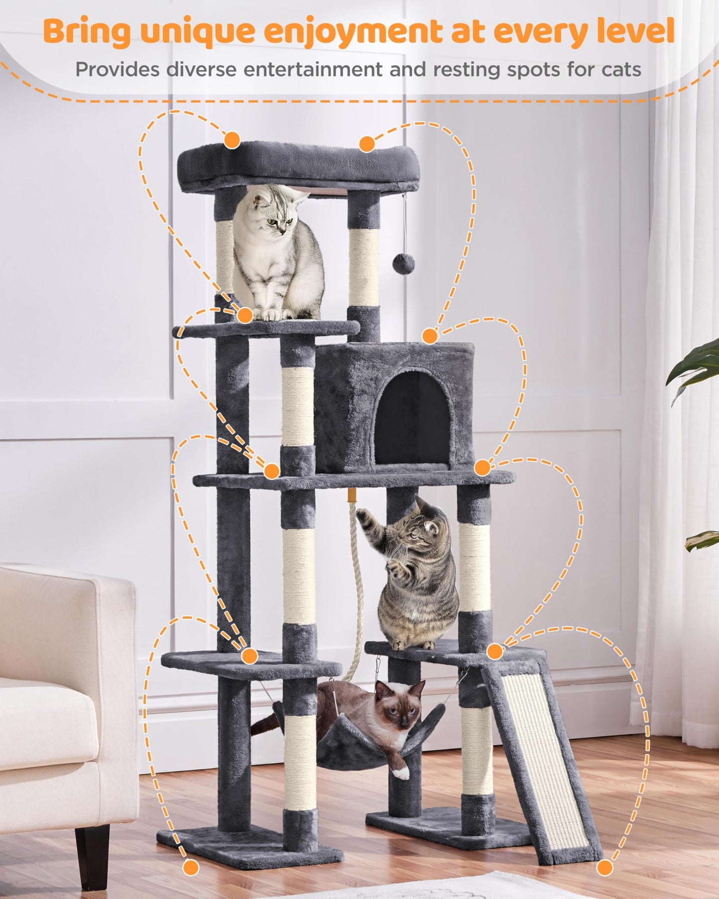 Yaheetech Large Multi-Level Cat Tree, 63 Inches Tall with Sisal-Covered Scratching Posts, Condo, Hammock, Dangling Ball, and Extended Platform for Cats to Play and Sleep