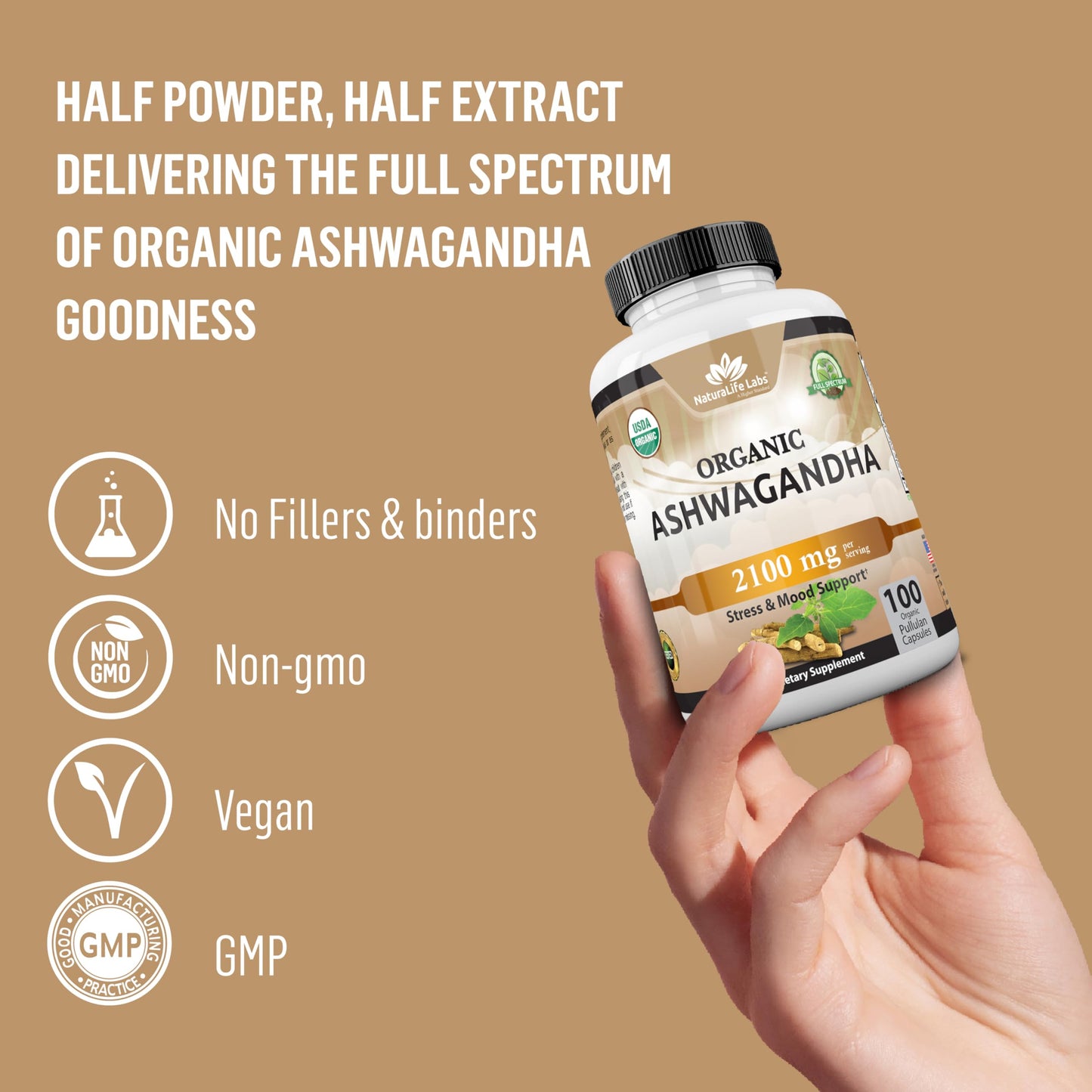 Organic Ashwagandha 2,100 mg - 100 Veggie Capsules Pure Organic Ashwagandha Powder and Root Extract - Stress Relief, Mood Enhancer