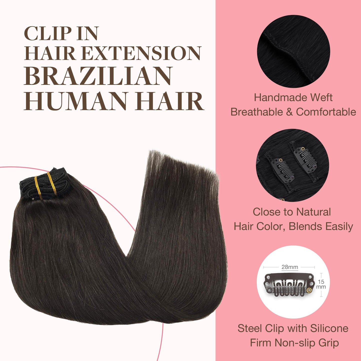 GOO GOO Clip in Hair Extensions Real Human Hair, Remy Human Hair Extensions Clip ins for Women, Natural Human Hair, 18inch 120g 7Pcs, 2 Dark Brown