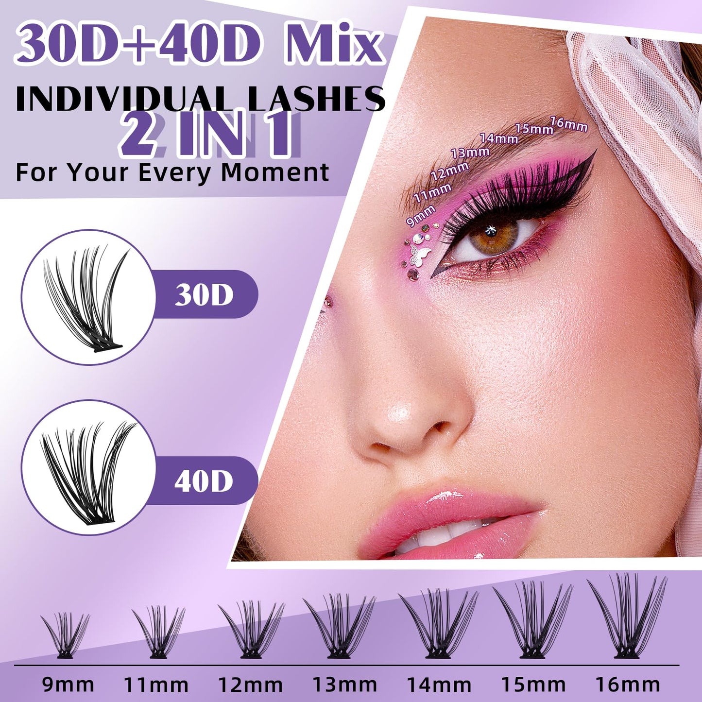 B&Qaugen Lash Extension Kit 280pcs Individual Lashes Cluster 40D D Curl Eyelash Extension Kit Lash Clusters with Lash Bond and Seal and Lash Applicator Tool for Self (KIT,30D+40D-D-9-16MIX)